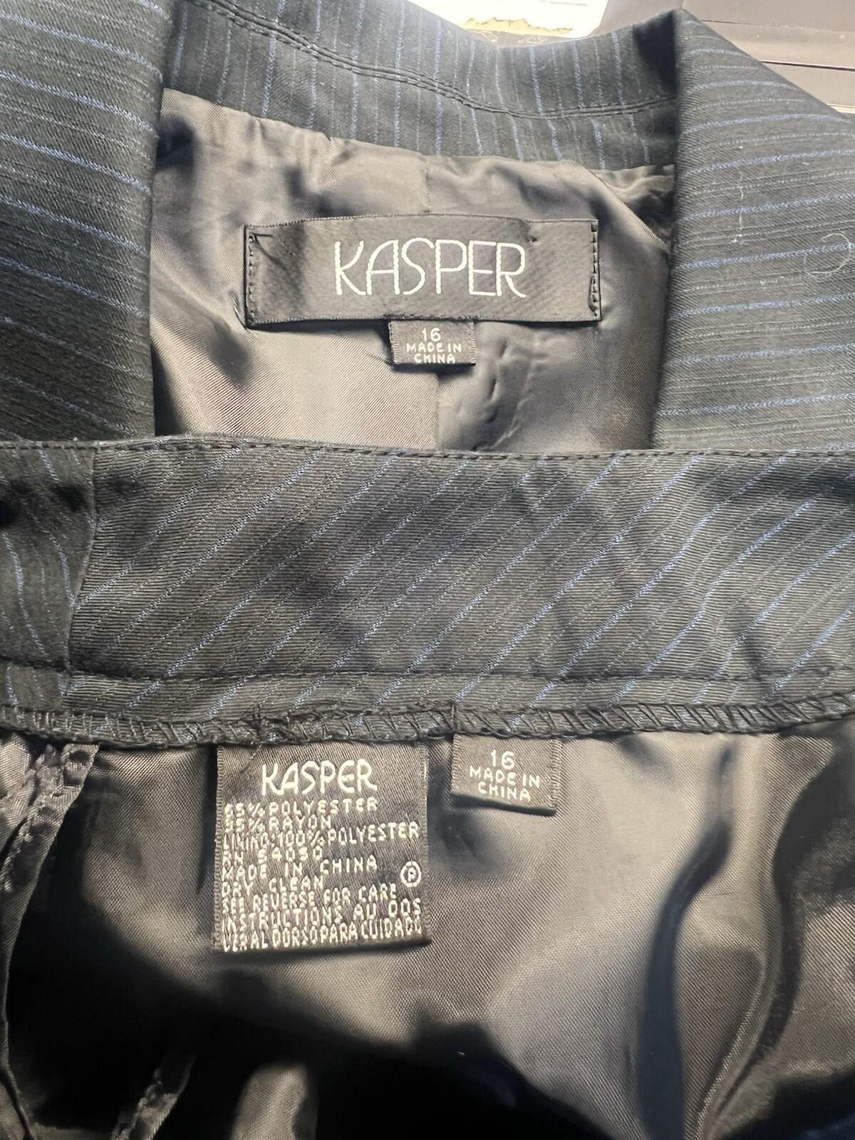 KASPER Polyester Rayon Pant Size 16 Black Striped Lined Peak Collar Business 2PC
