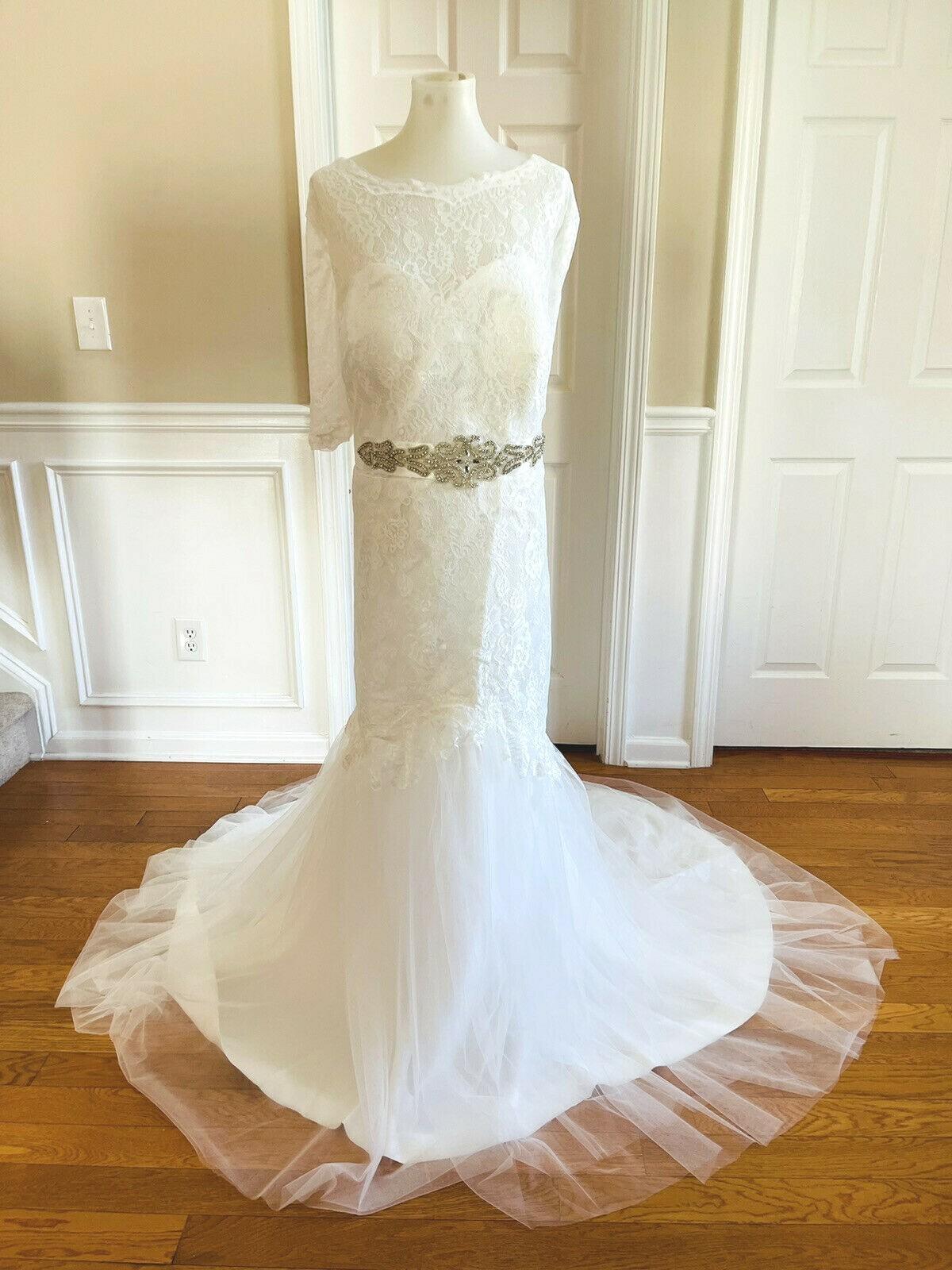 New BRIDES White Elegant Belted Beaded Lace Polyester Wedding Dress Size 24W