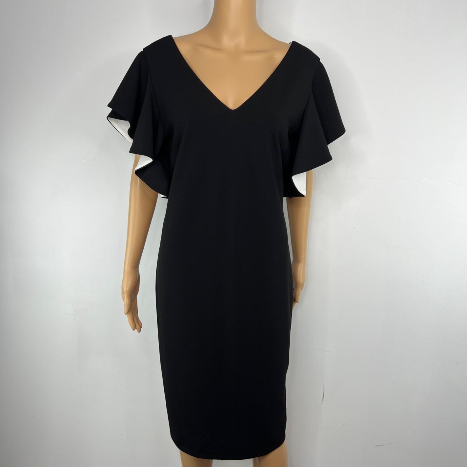 Joseph Ribkoff Sheath Dress Size 10 Black V-Neck Chic Ruffle Sleeves Feminine