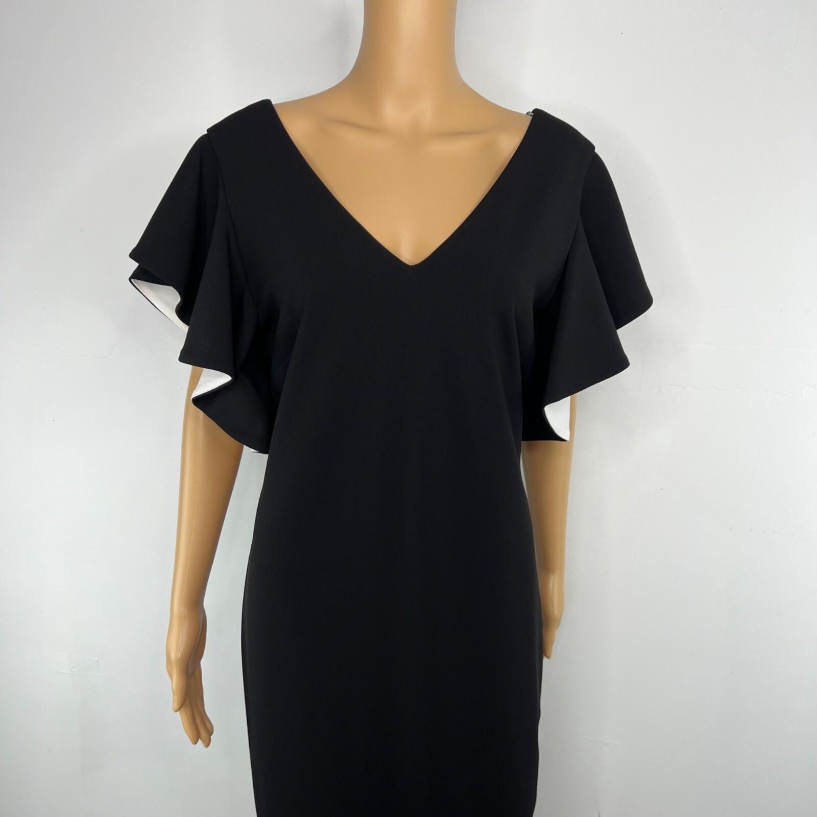Joseph Ribkoff Sheath Dress Size 10 Black V-Neck Chic Ruffle Sleeves Feminine