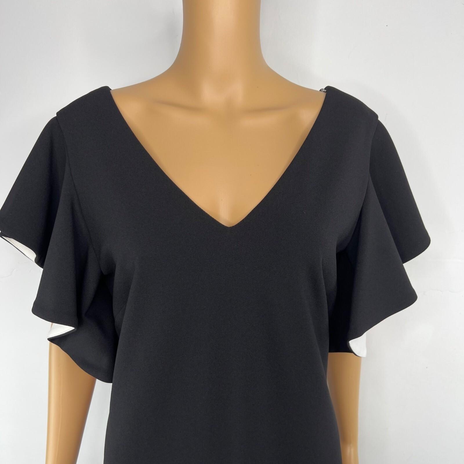 Joseph Ribkoff Sheath Dress Size 10 Black V-Neck Chic Ruffle Sleeves Feminine
