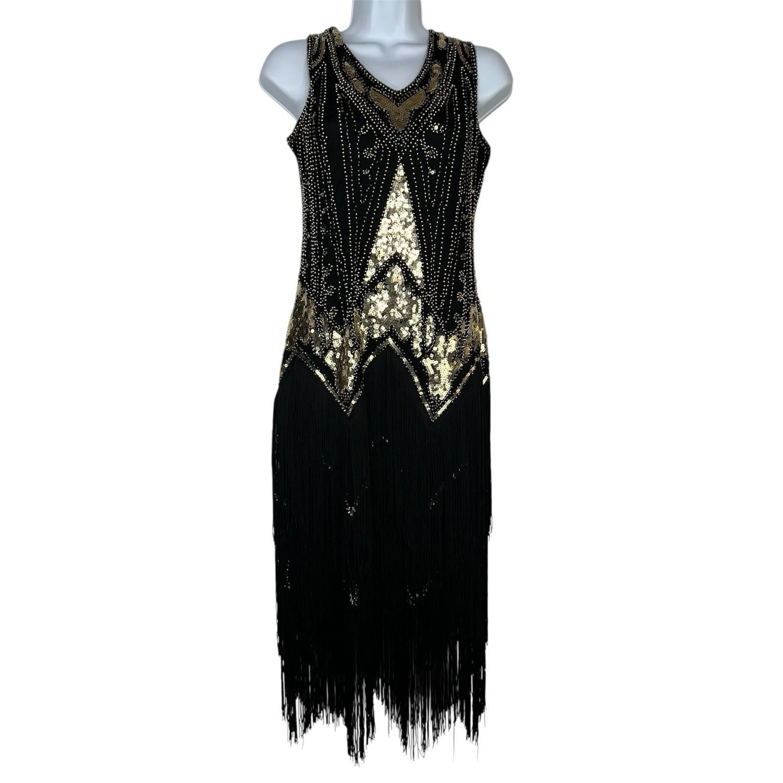 Harlem Night Sequin Dress Size M Embellished Fringe Gold Black Bodycon Gatsby