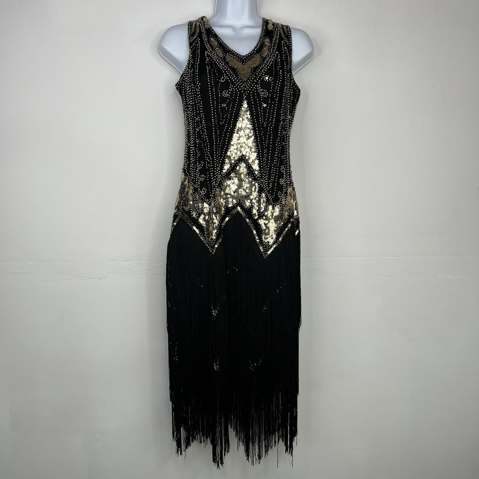 Harlem Night Sequin Dress Size M Embellished Fringe Gold Black Bodycon Gatsby