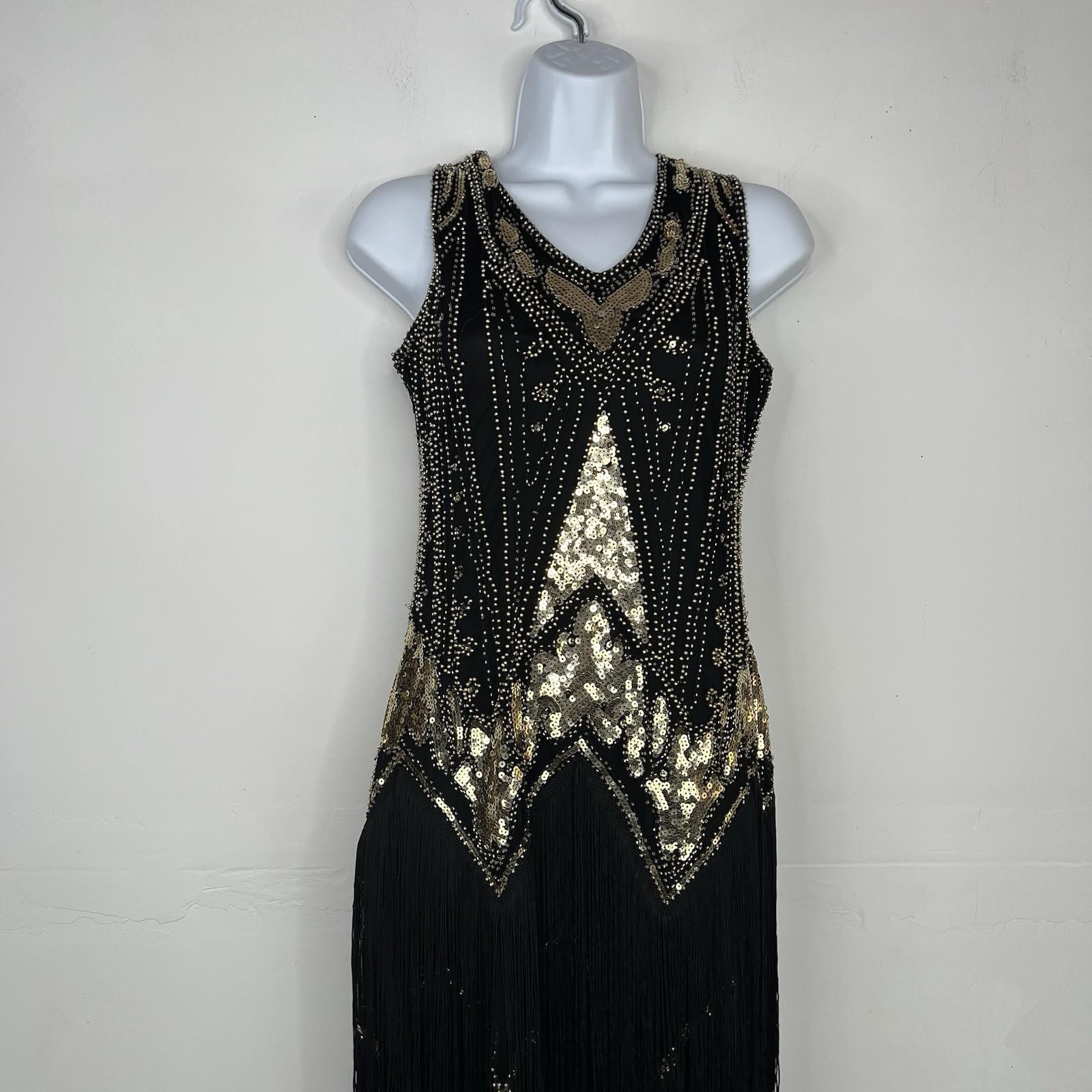 Harlem Night Sequin Dress Size M Embellished Fringe Gold Black Bodycon Gatsby