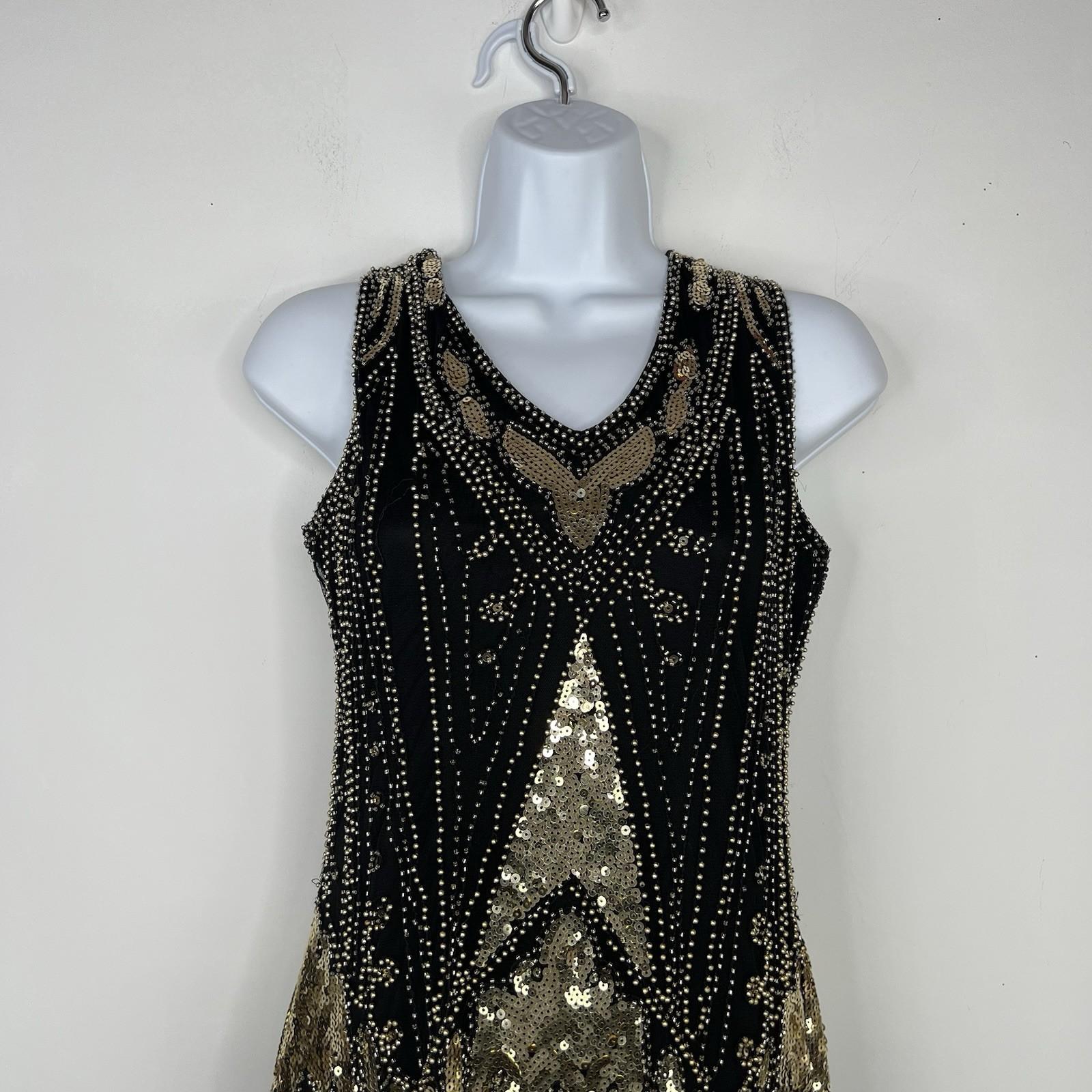 Harlem Night Sequin Dress Size M Embellished Fringe Gold Black Bodycon Gatsby