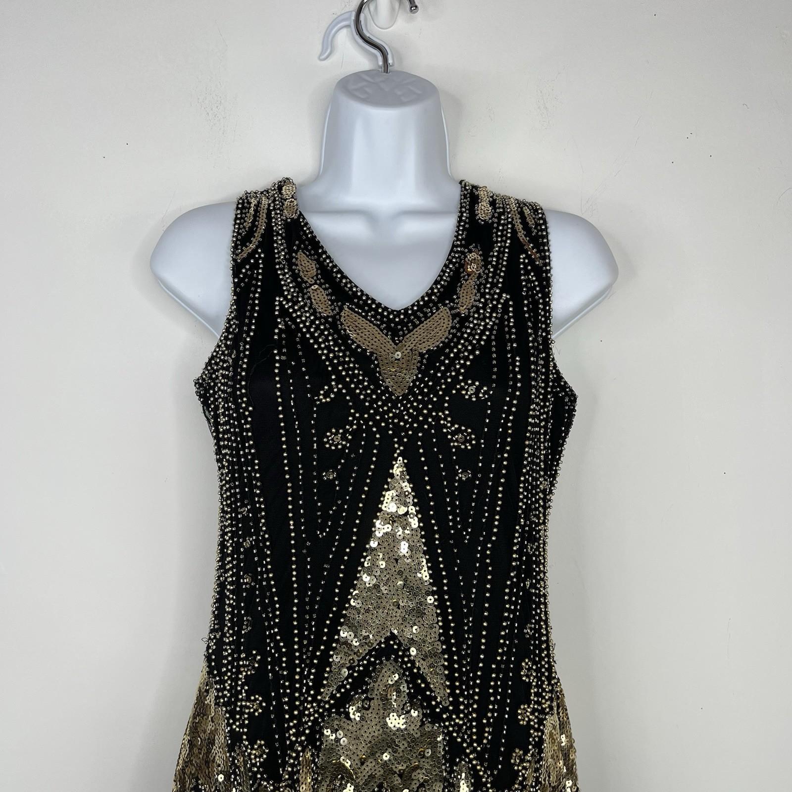 Harlem Night Sequin Dress Size M Embellished Fringe Gold Black Bodycon Gatsby