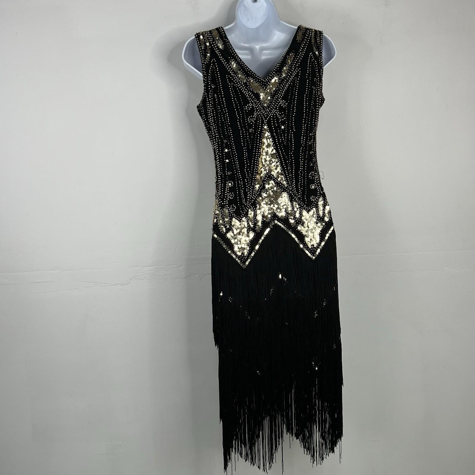 Harlem Night Sequin Dress Size M Embellished Fringe Gold Black Bodycon Gatsby