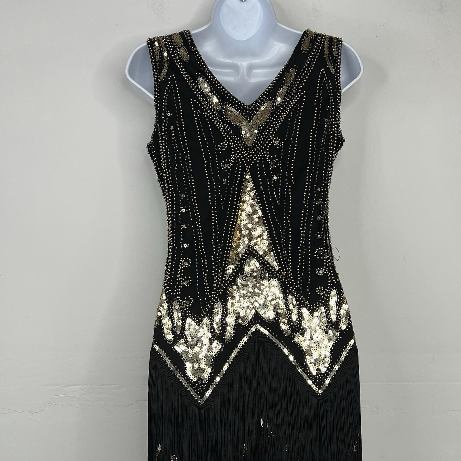 Harlem Night Sequin Dress Size M Embellished Fringe Gold Black Bodycon Gatsby