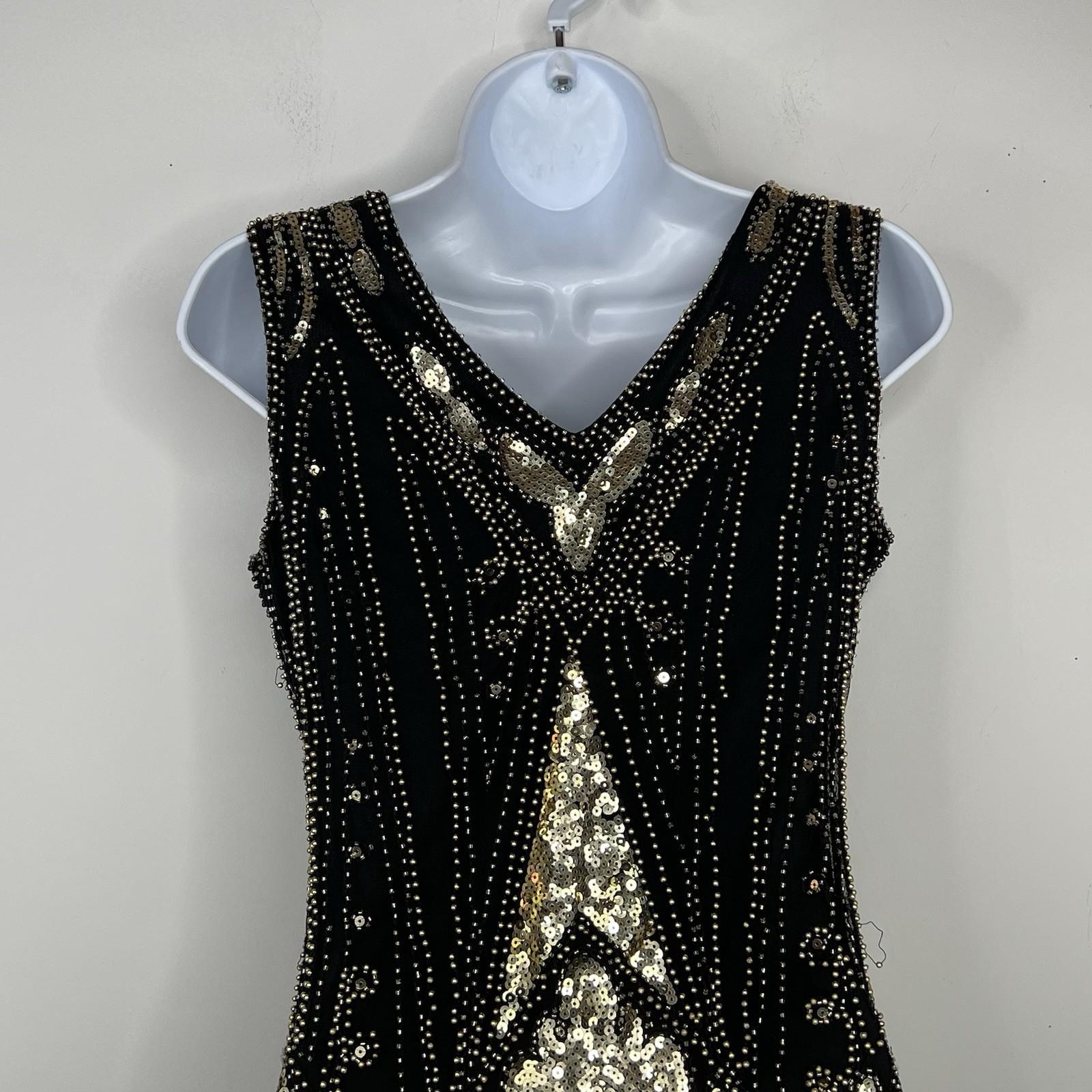 Harlem Night Sequin Dress Size M Embellished Fringe Gold Black Bodycon Gatsby