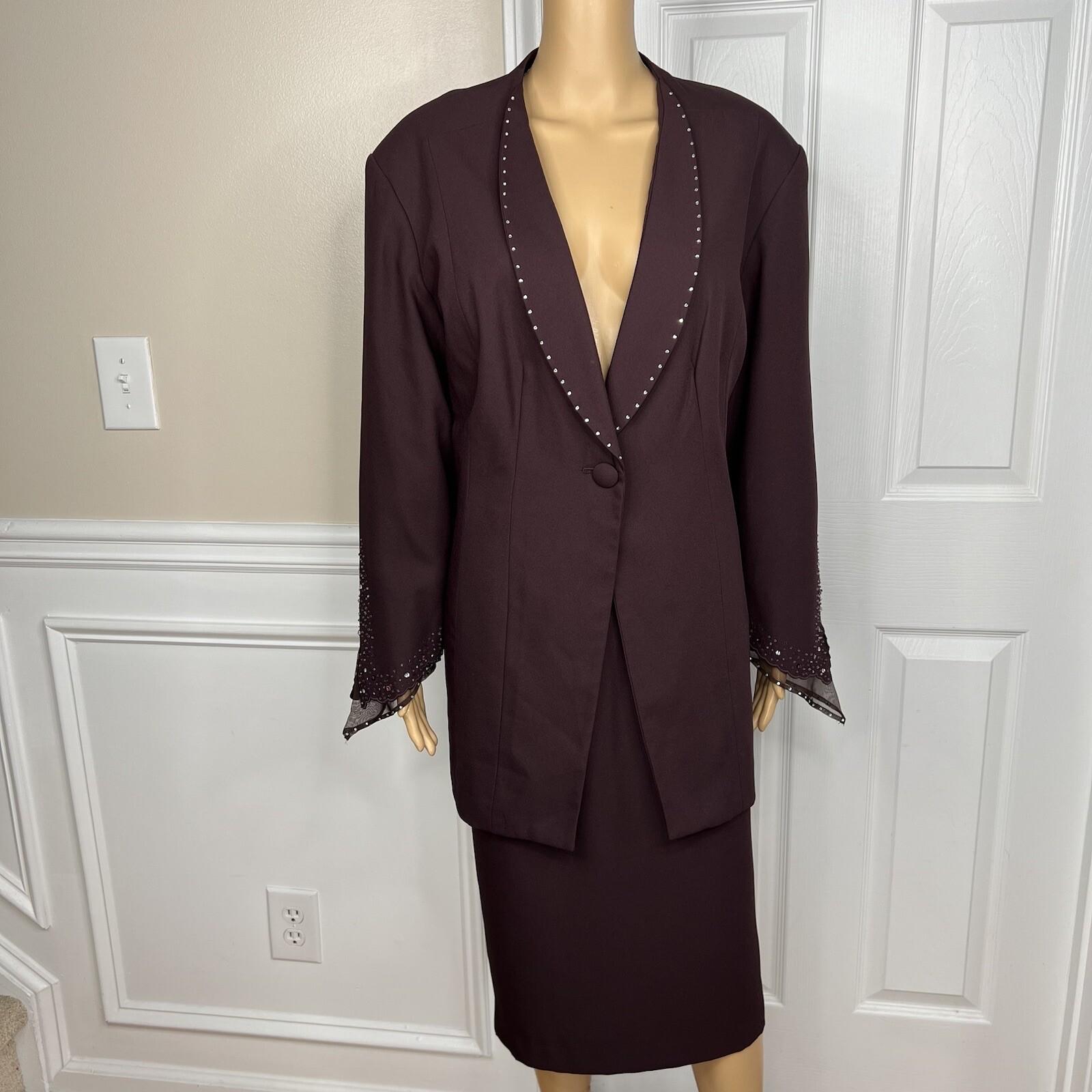 St Anthony Evening Polyester Skirt Suit Size 20W Burgundy Beaded Lined 2PC
