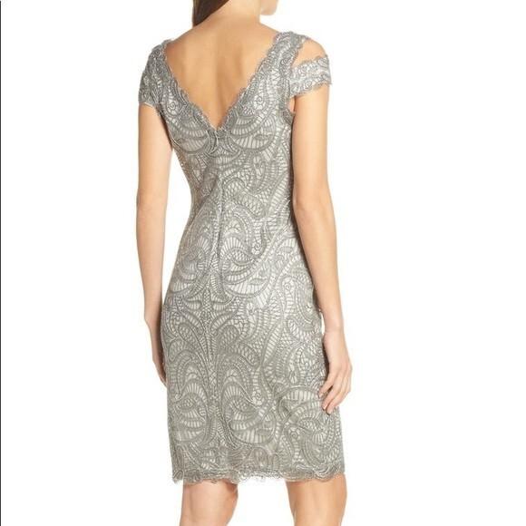 Tadashi Sohji Formal Dress 10 Ash Cold Shoulder Embroidered Lace Cold Shoulder