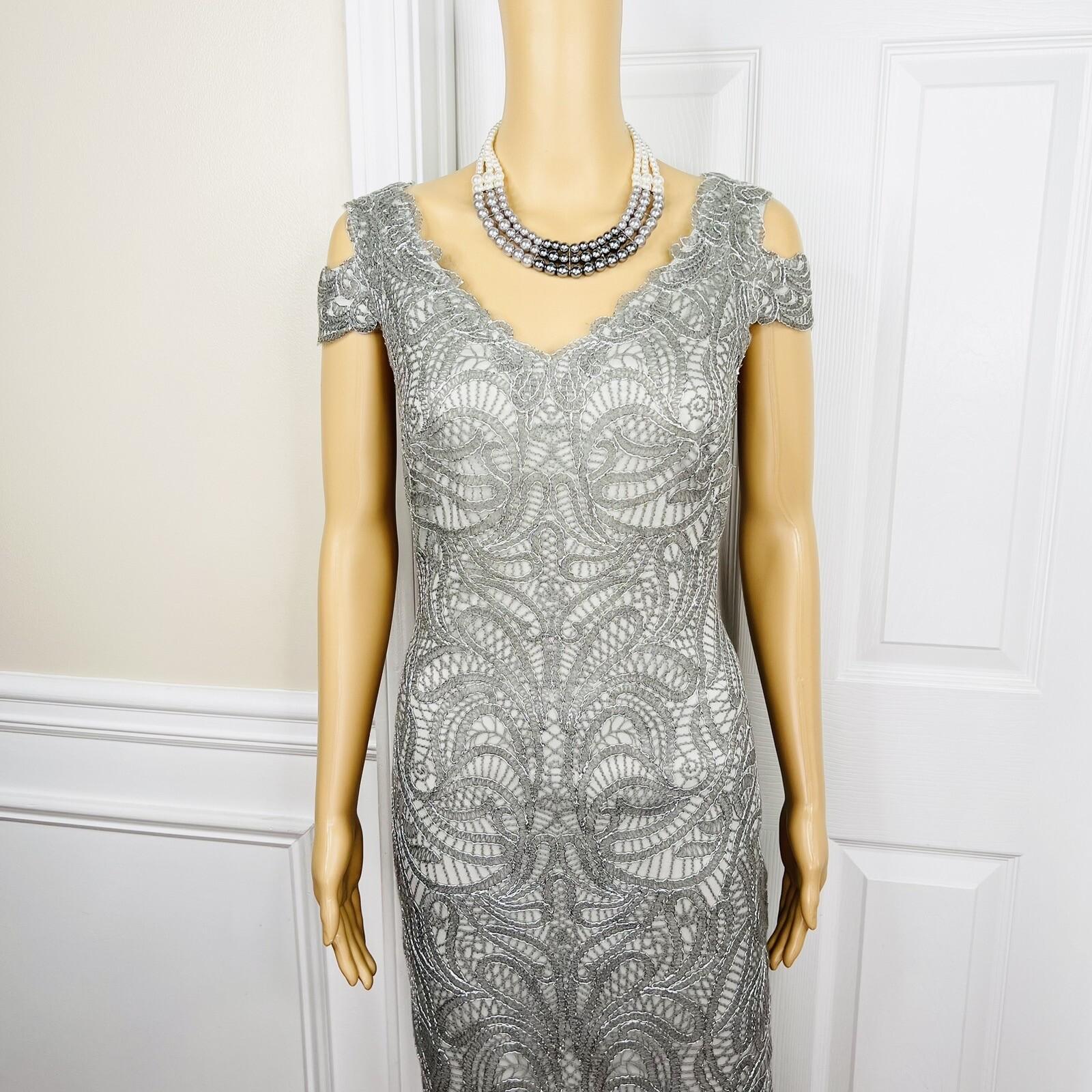 Tadashi Sohji Formal Dress 10 Ash Cold Shoulder Embroidered Lace Cold Shoulder