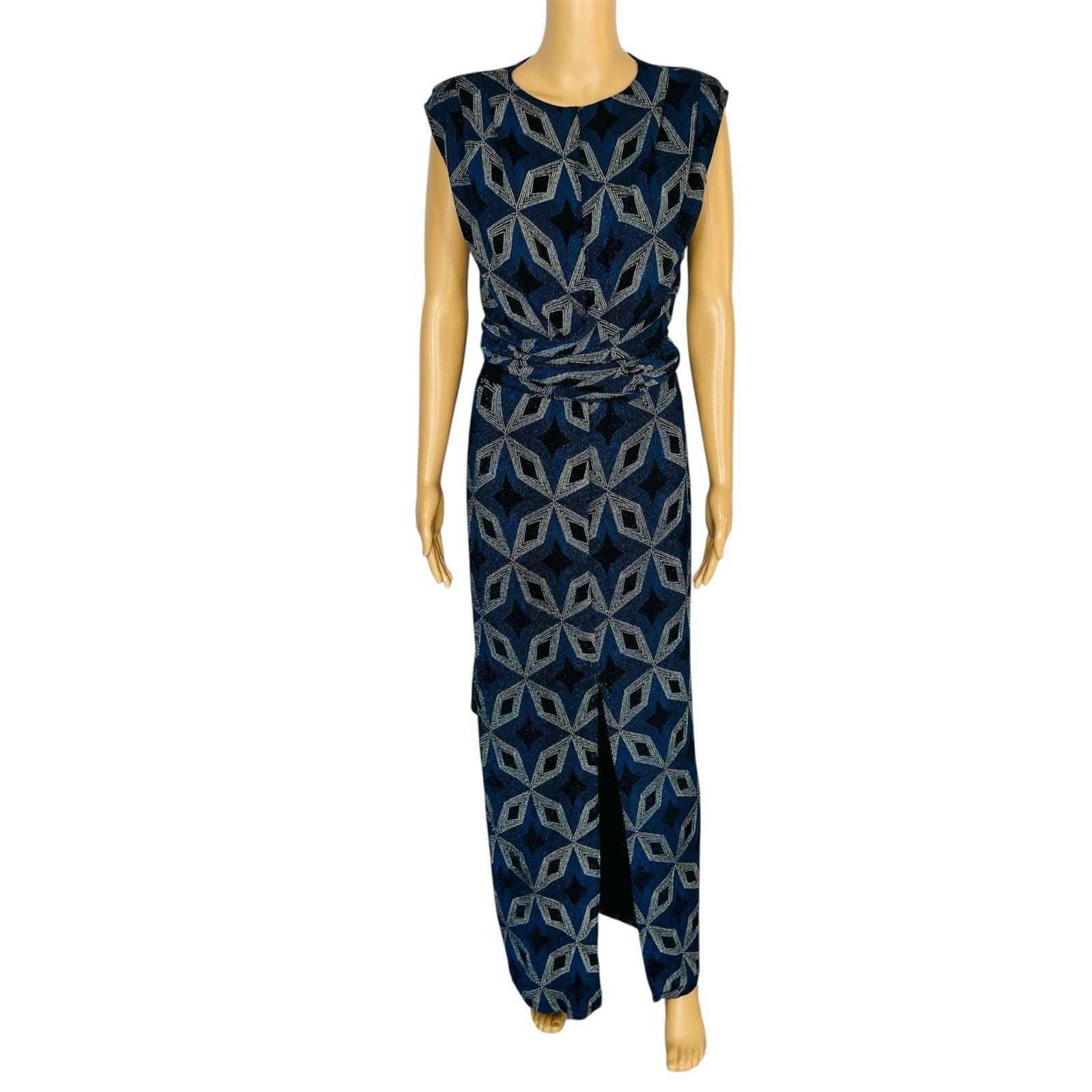Zara Bodycon Maxi Dress Size S Blue Black Shimmery Front Slit Shoulder Pads Tie
