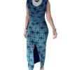 Zara Bodycon Maxi Dress Size S Blue Black Shimmery Front Slit Shoulder Pads Tie