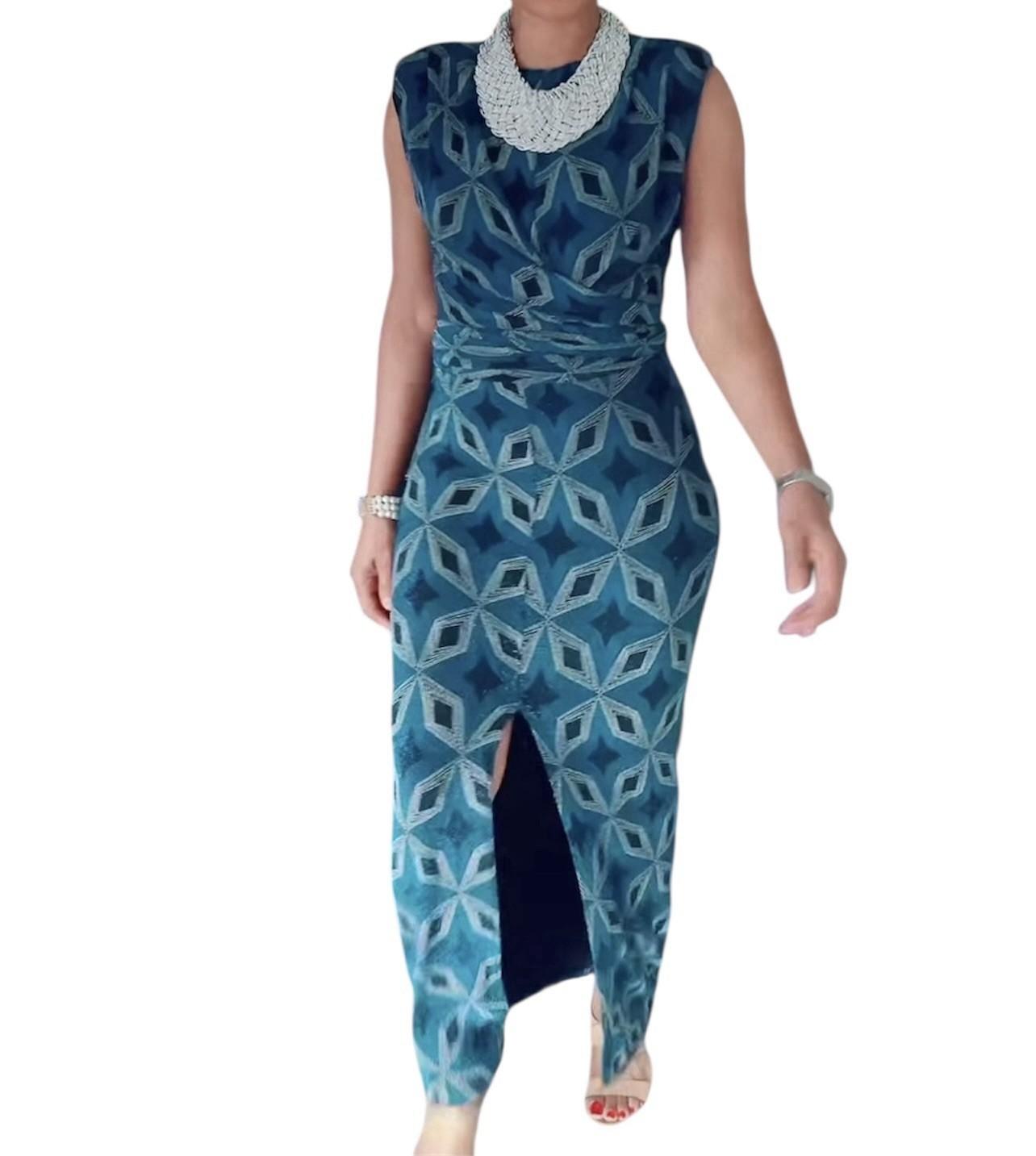 Zara Bodycon Maxi Dress Size S Blue Black Shimmery Front Slit Shoulder Pads Tie