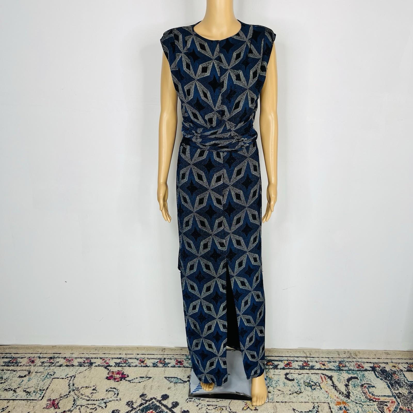 Zara Bodycon Maxi Dress Size S Blue Black Shimmery Front Slit Shoulder Pads Tie