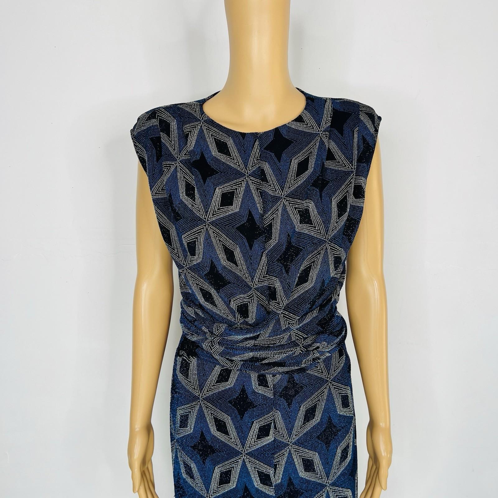 Zara Bodycon Maxi Dress Size S Blue Black Shimmery Front Slit Shoulder Pads Tie