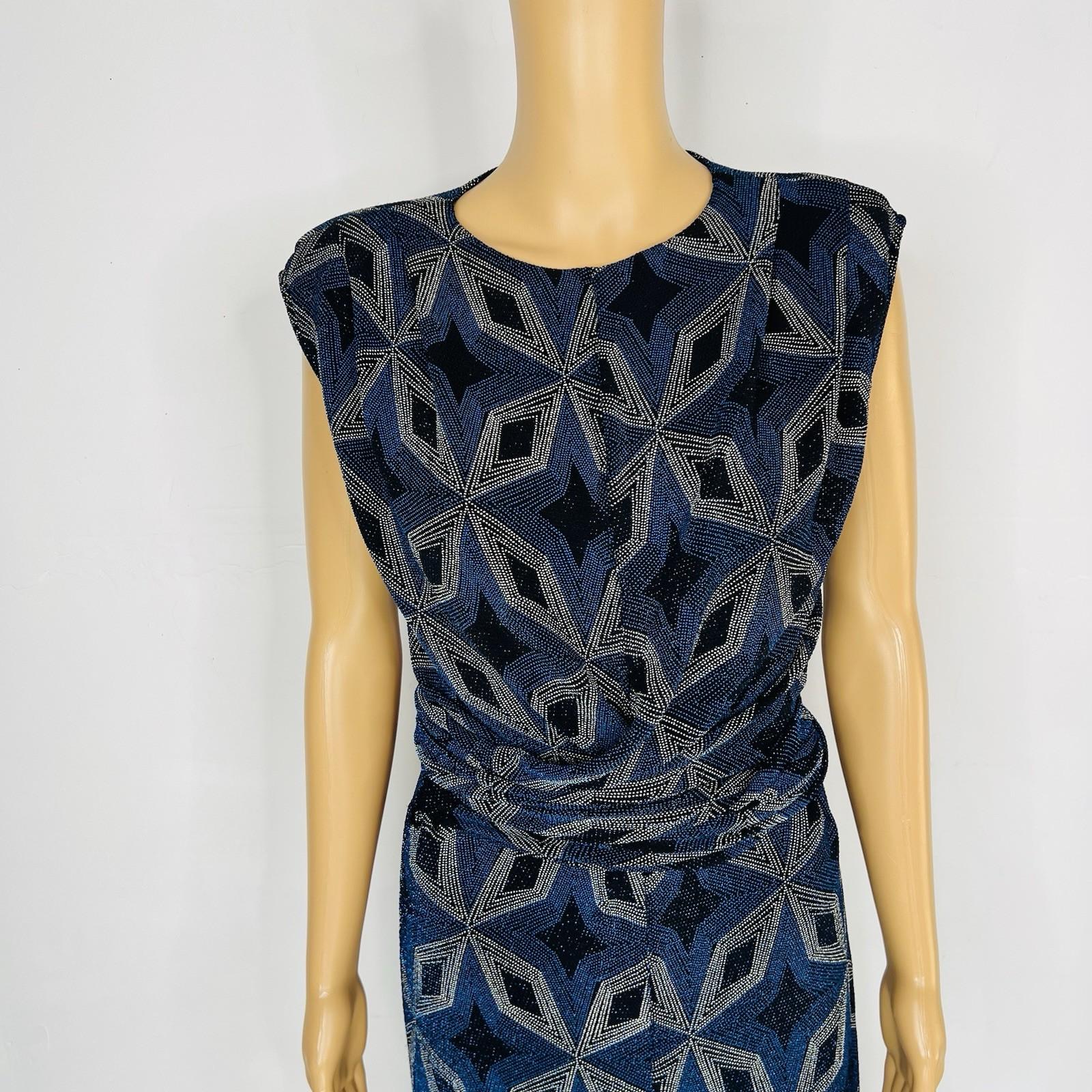 Zara Bodycon Maxi Dress Size S Blue Black Shimmery Front Slit Shoulder Pads Tie