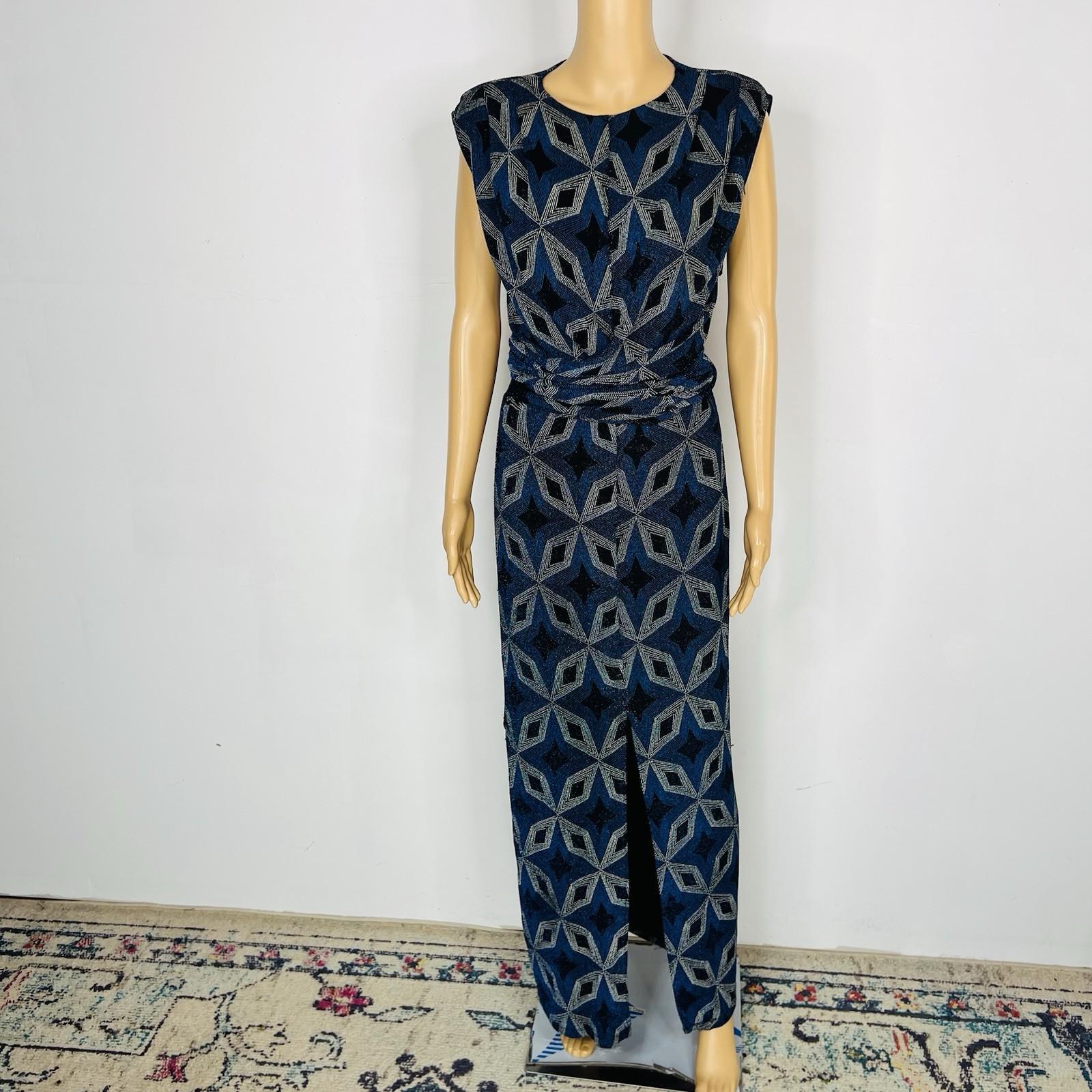 Zara Bodycon Maxi Dress Size S Blue Black Shimmery Front Slit Shoulder Pads Tie