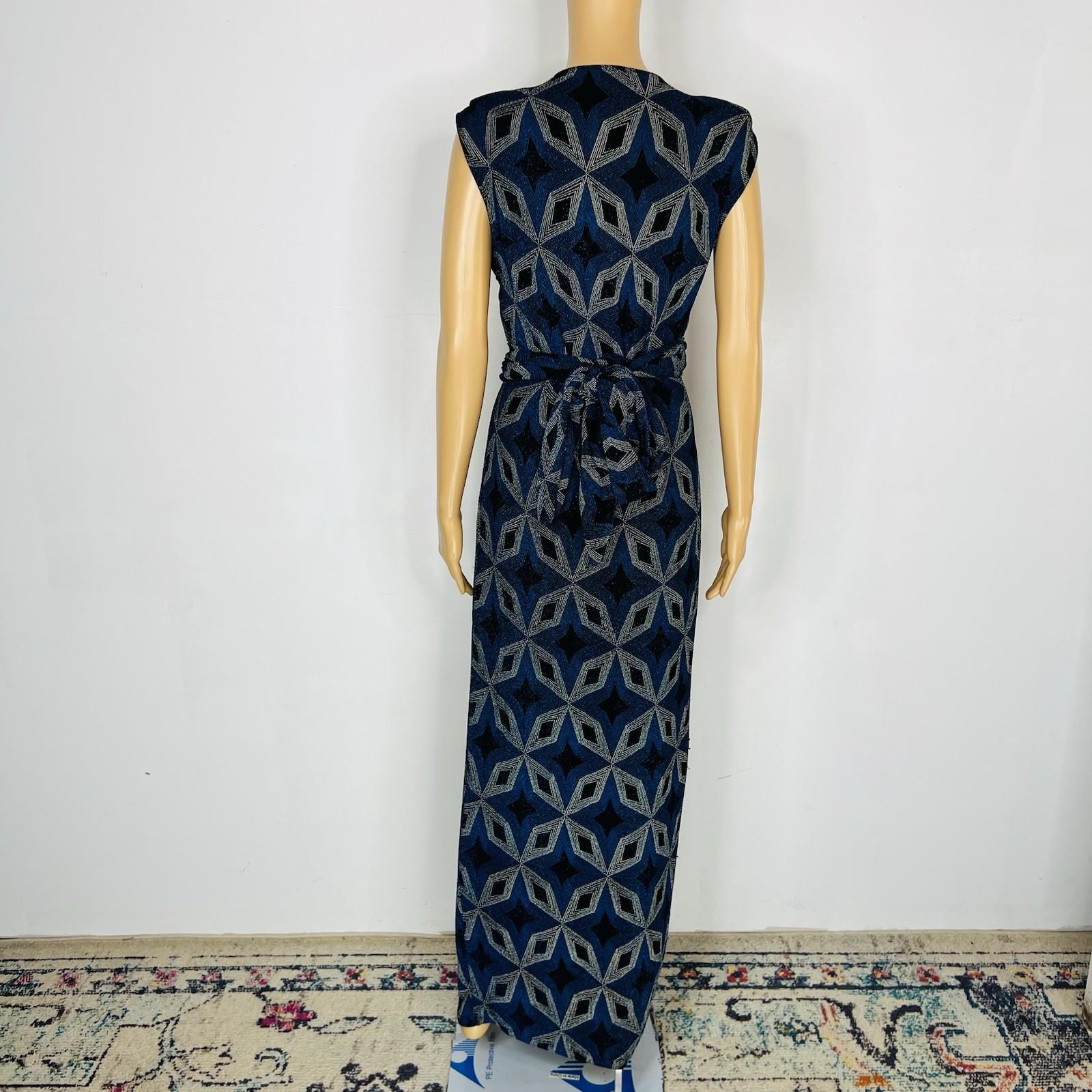 Zara Bodycon Maxi Dress Size S Blue Black Shimmery Front Slit Shoulder Pads Tie