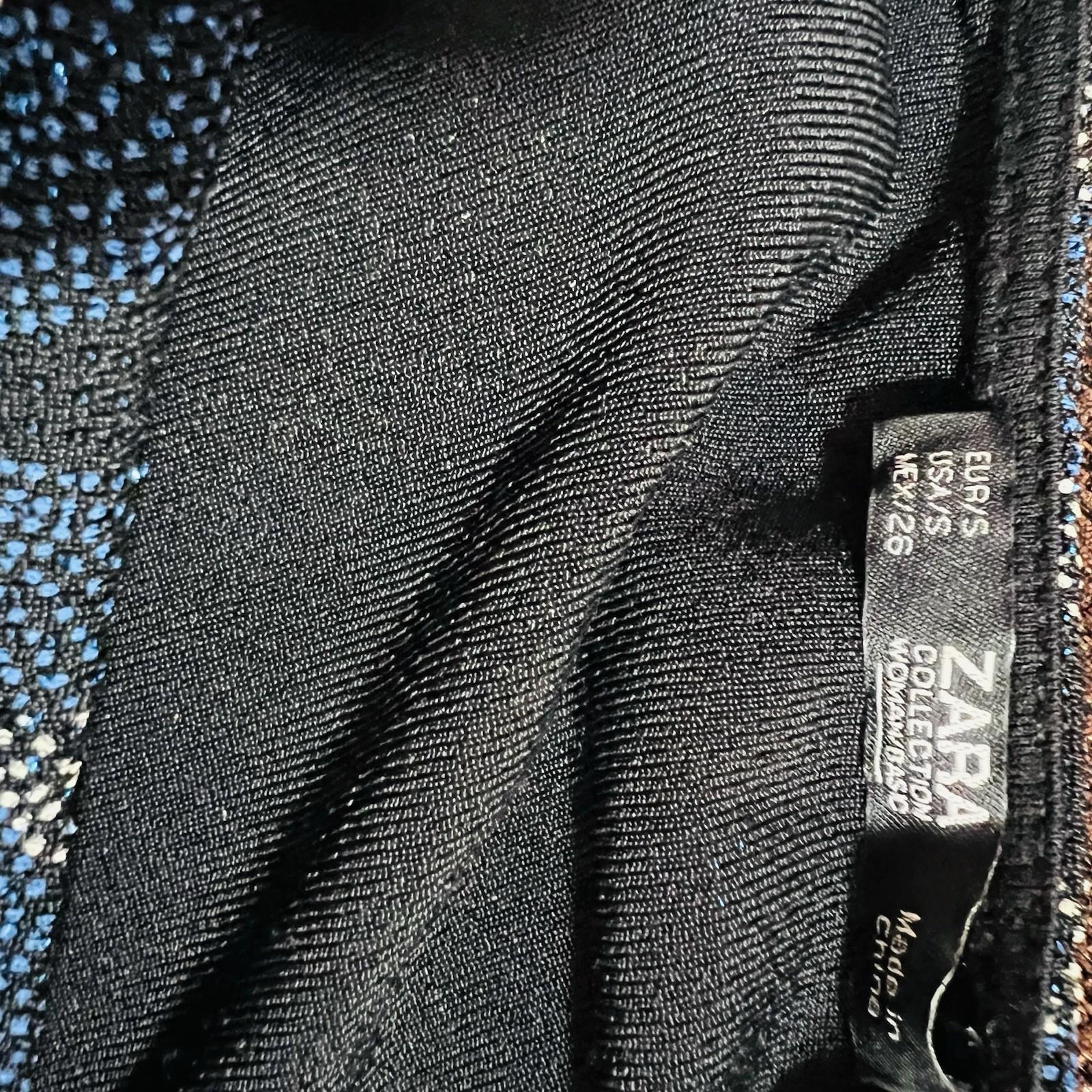 Zara Bodycon Maxi Dress Size S Blue Black Shimmery Front Slit Shoulder Pads Tie
