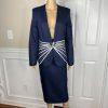 Diana Polyester Skirt Suit Size 10 Navy Blue White Lined Beaded Collarless New