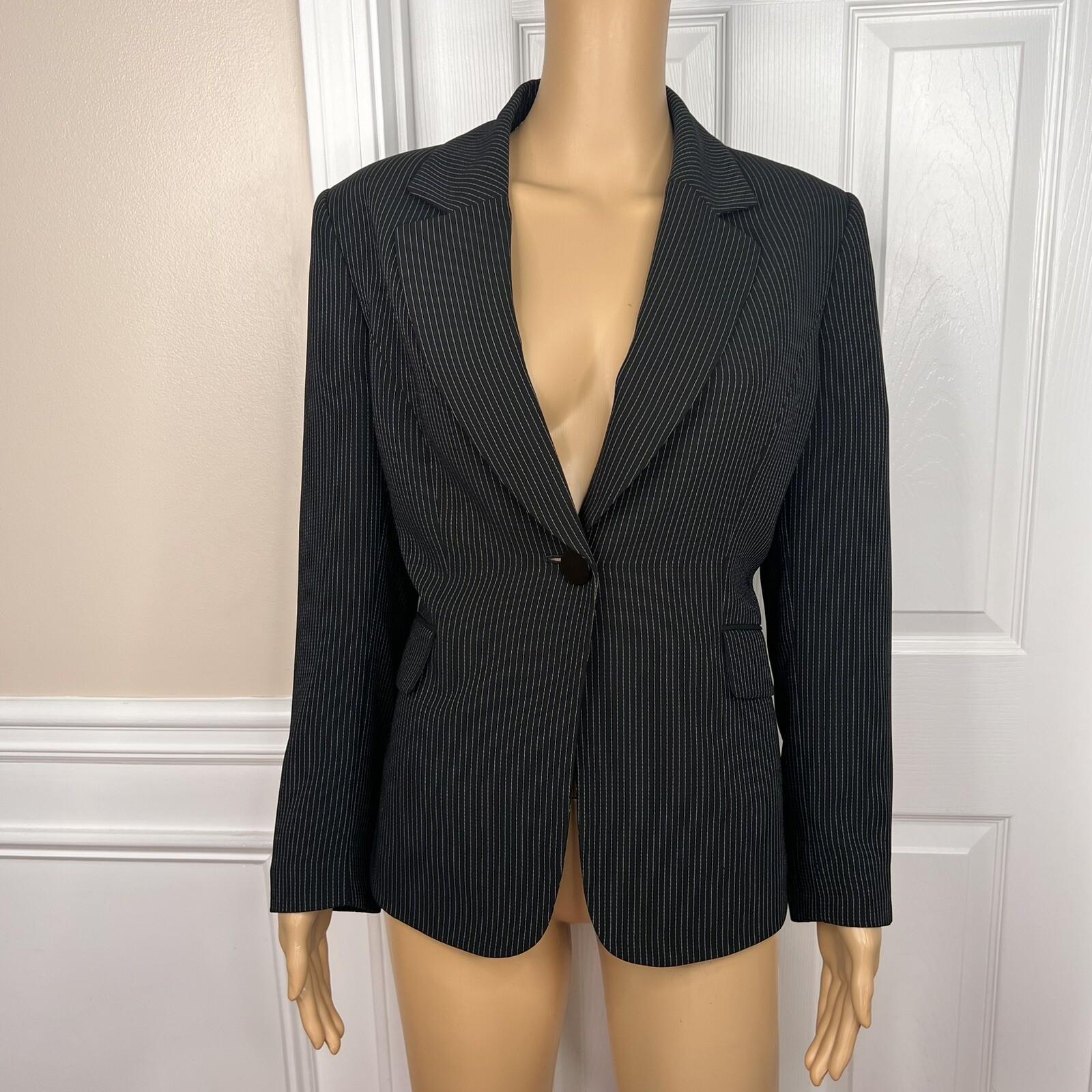 TAHARI ASL 2PC Black Striped Polyester Rayon Notch Collar Pant Suit Size 10