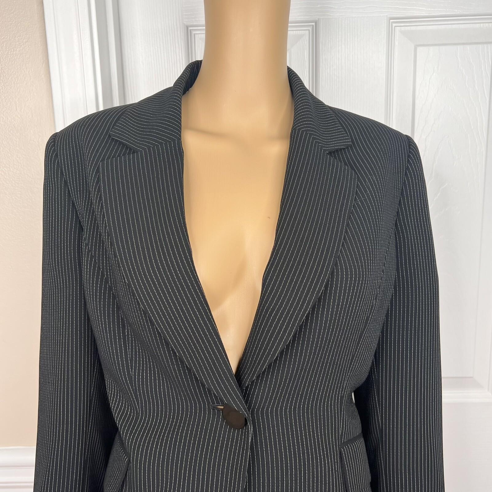 TAHARI ASL 2PC Black Striped Polyester Rayon Notch Collar Pant Suit Size 10