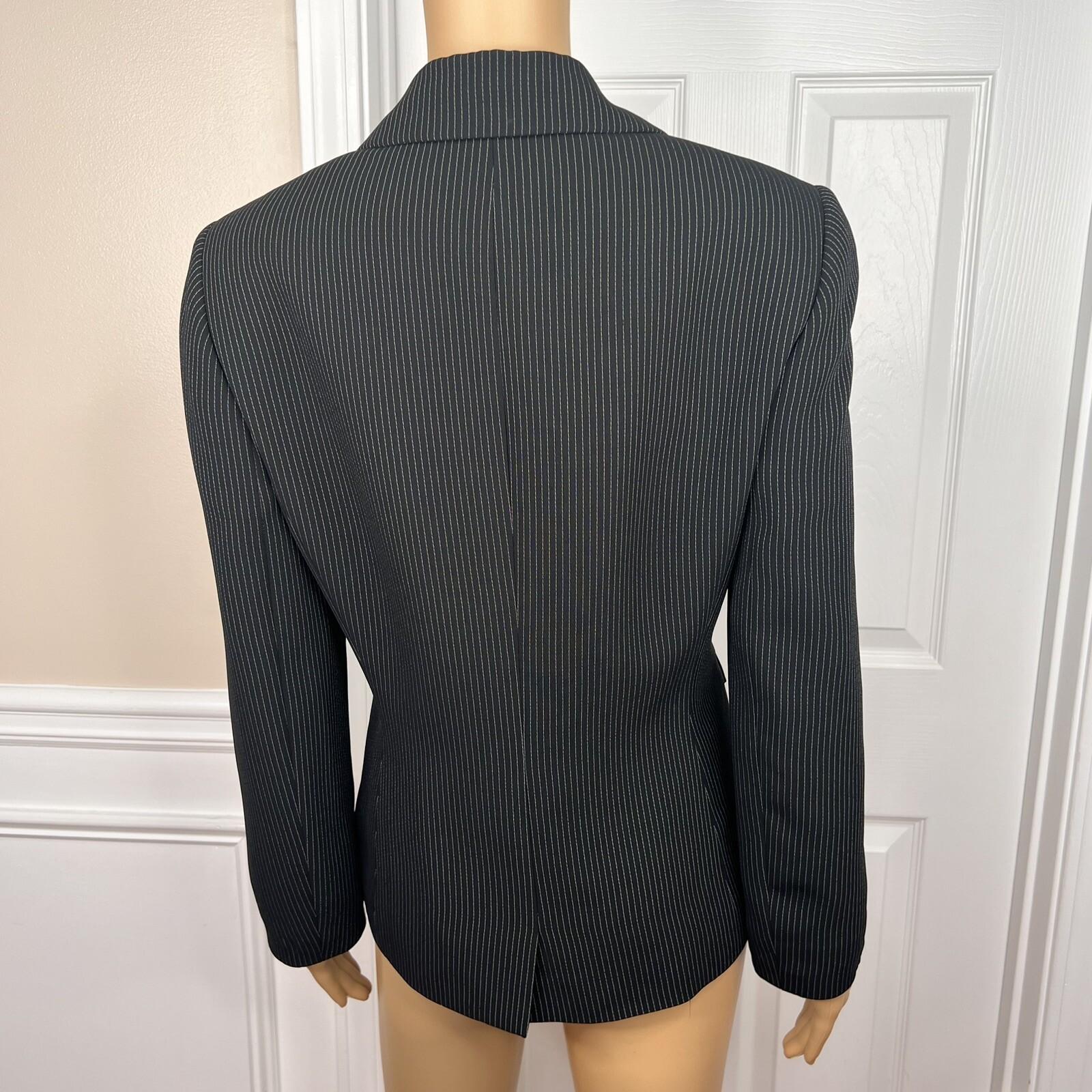 TAHARI ASL 2PC Black Striped Polyester Rayon Notch Collar Pant Suit Size 10