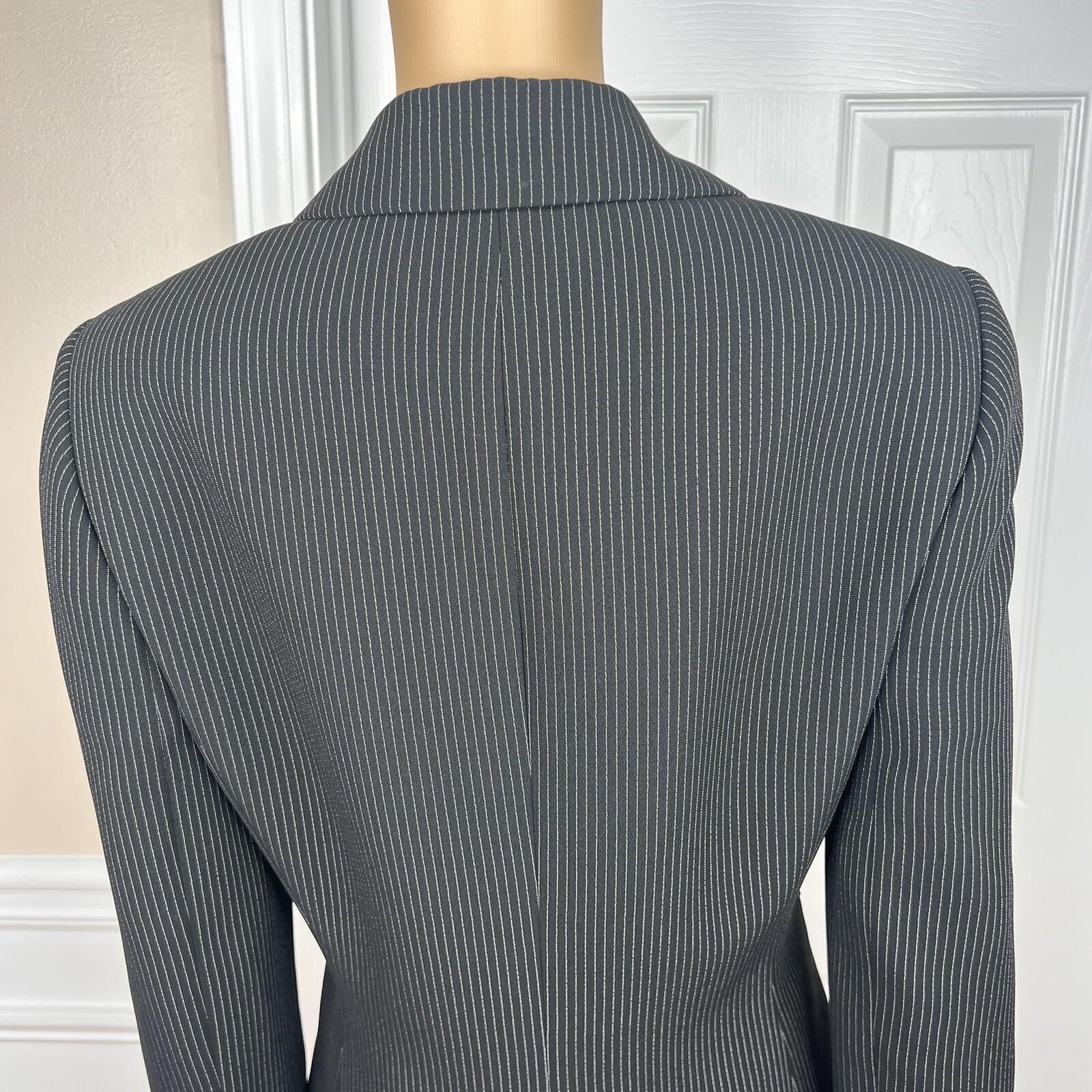 TAHARI ASL 2PC Black Striped Polyester Rayon Notch Collar Pant Suit Size 10