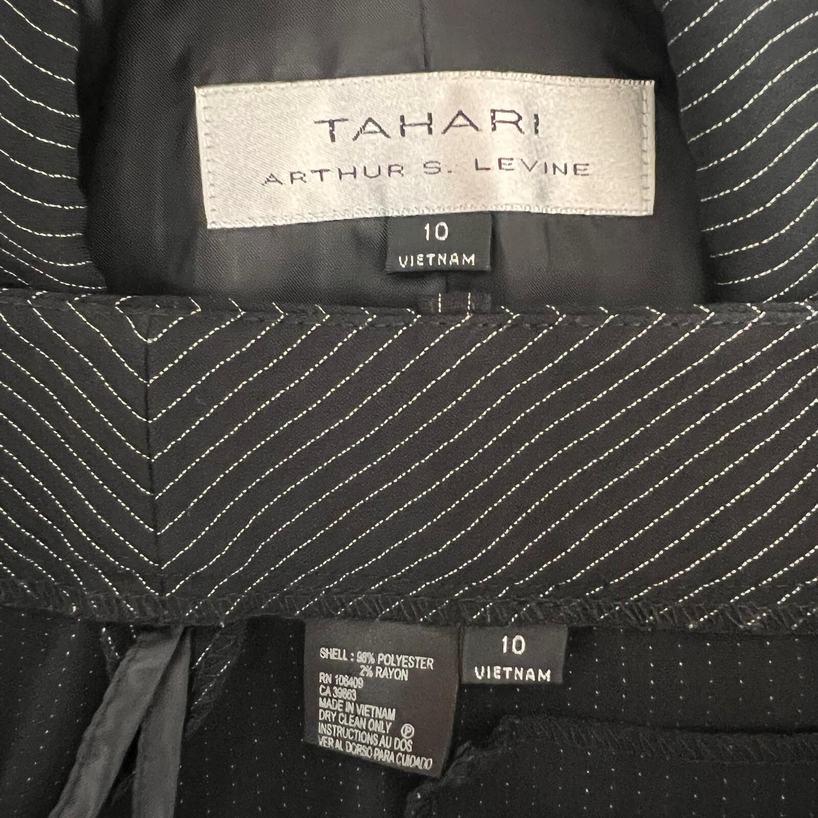TAHARI ASL 2PC Black Striped Polyester Rayon Notch Collar Pant Suit Size 10