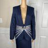 Diana Polyester Skirt Suit Size 10 Navy Blue White Lined Beaded Collarless New