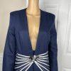 Diana Polyester Skirt Suit Size 10 Navy Blue White Lined Beaded Collarless New