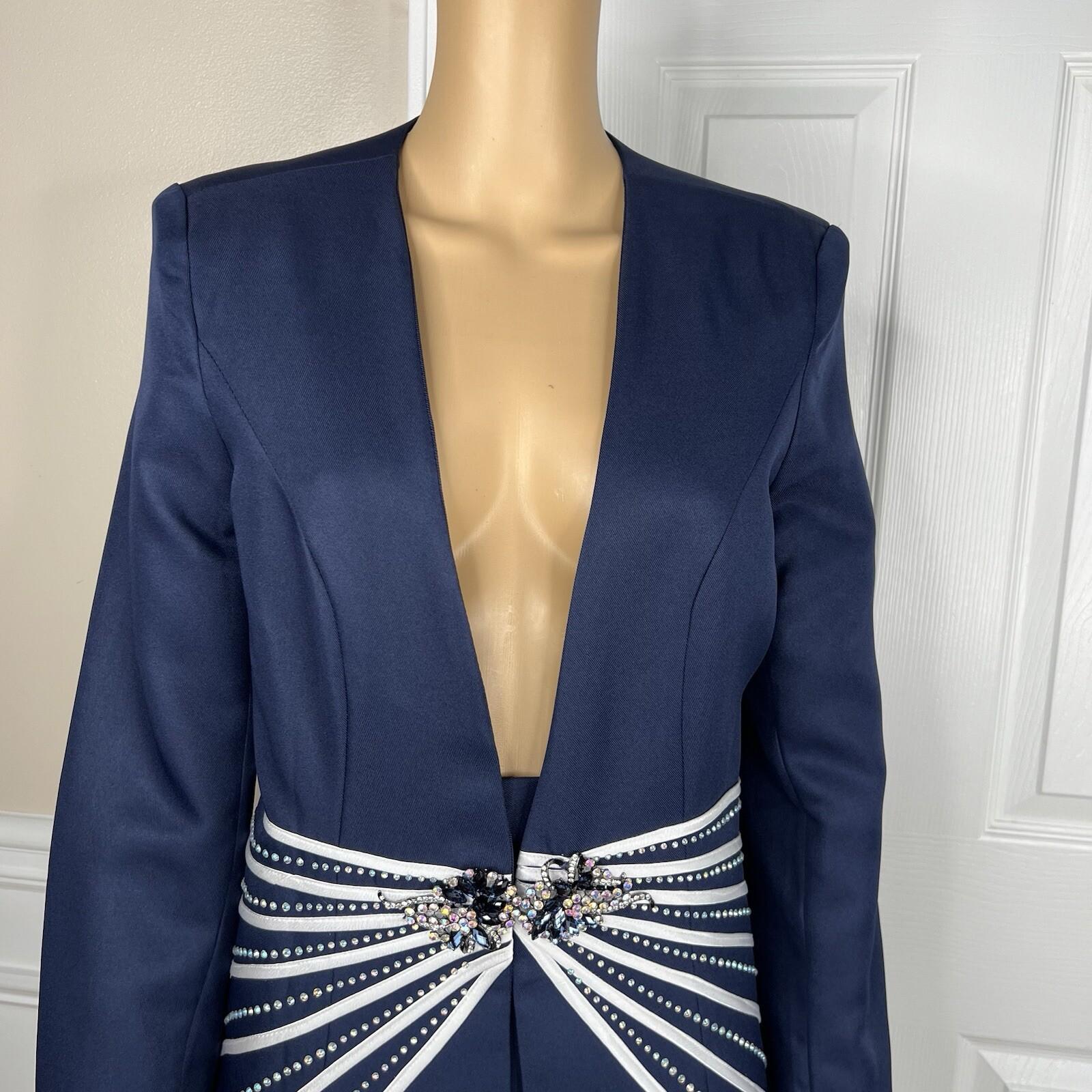 Diana Polyester Skirt Suit Size 10 Navy Blue White Lined Beaded Collarless New