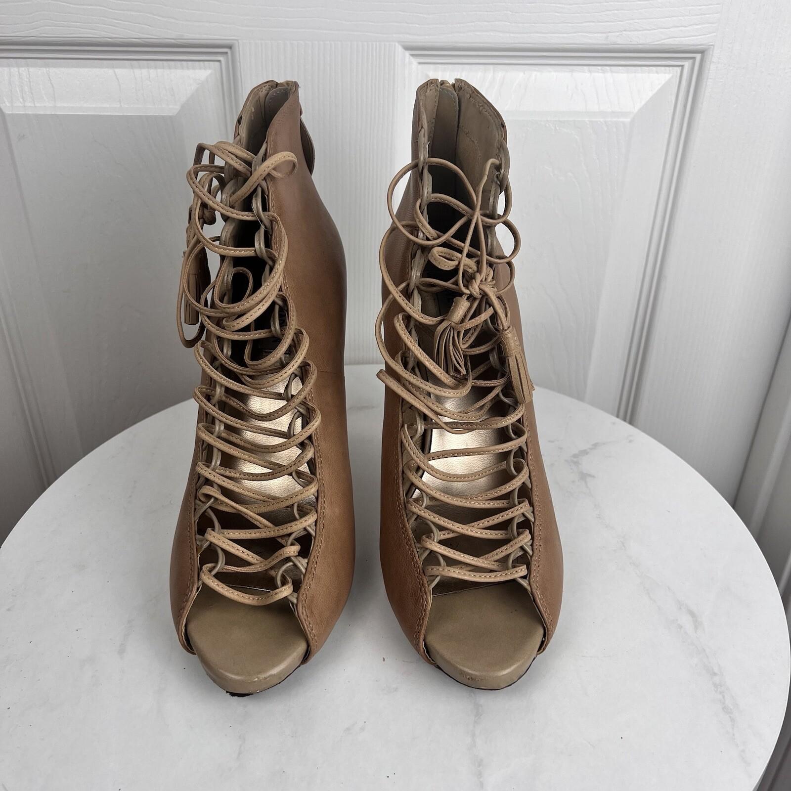 STEVE MADDEN Rebecka Lace Up Taupe Leather Peep Toes Shoes Booties Size 10