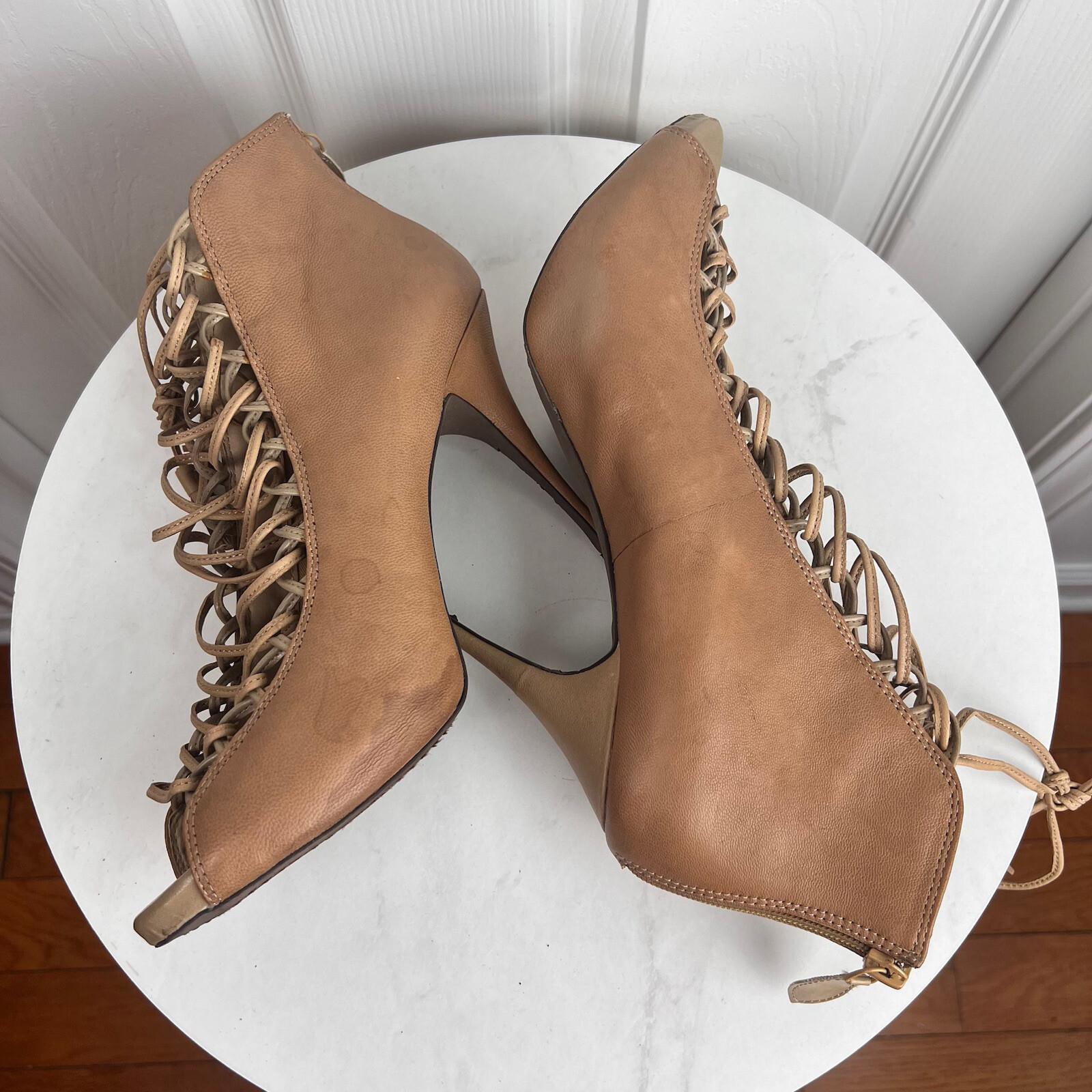 STEVE MADDEN Rebecka Lace Up Taupe Leather Peep Toes Shoes Booties Size 10