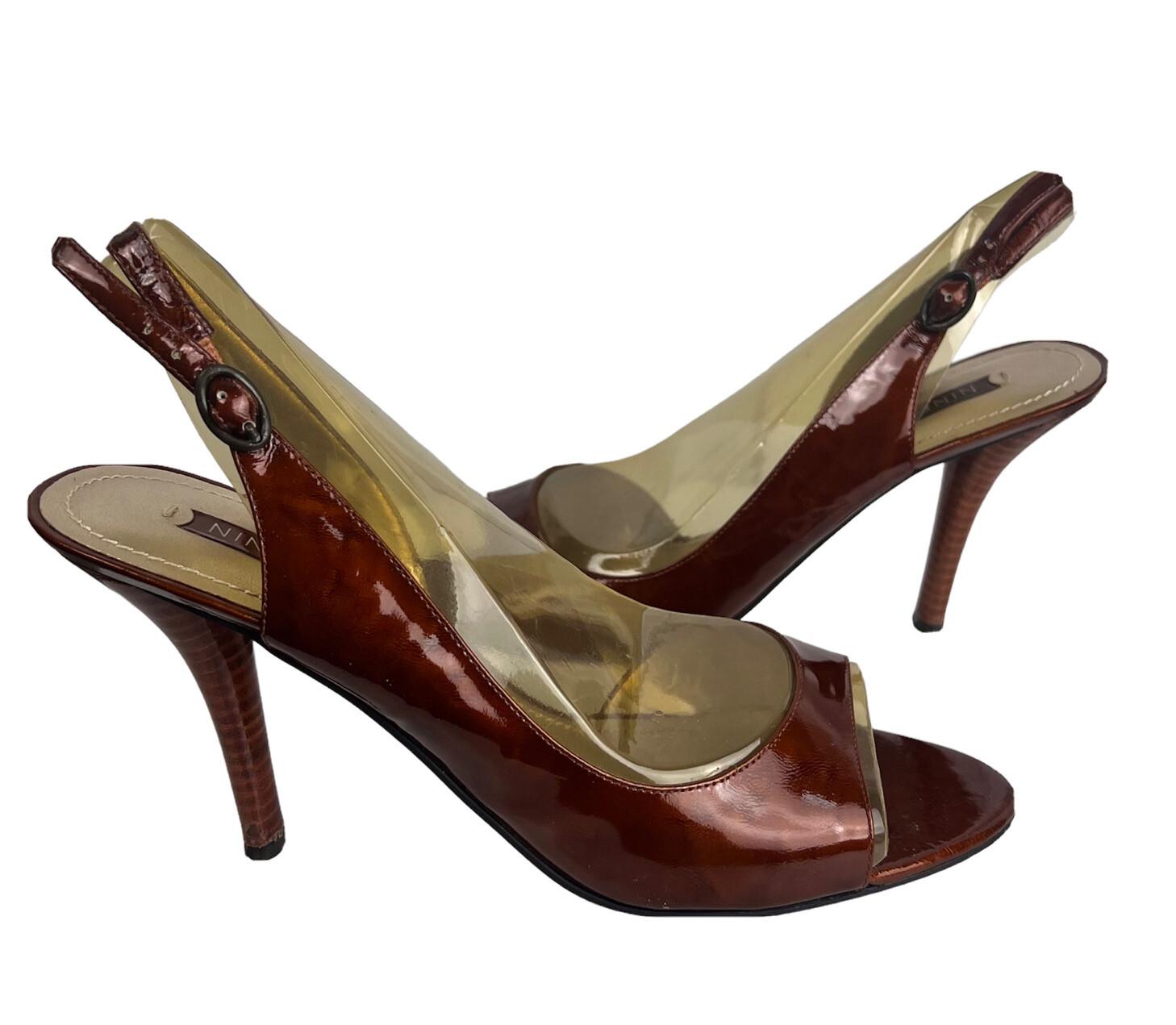 NINE WEST Brown Patent Leather open Toe  Anke Strap Heel Shoes Size 9.5M