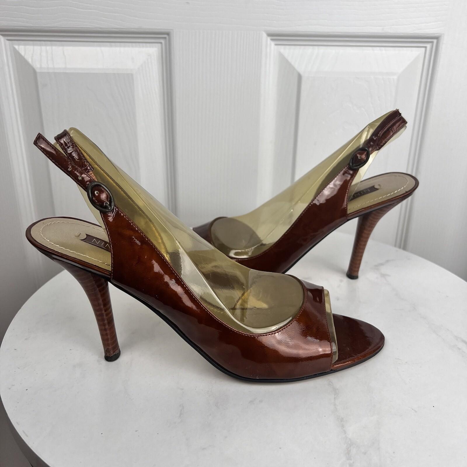 NINE WEST Brown Patent Leather open Toe  Anke Strap Heel Shoes Size 9.5M