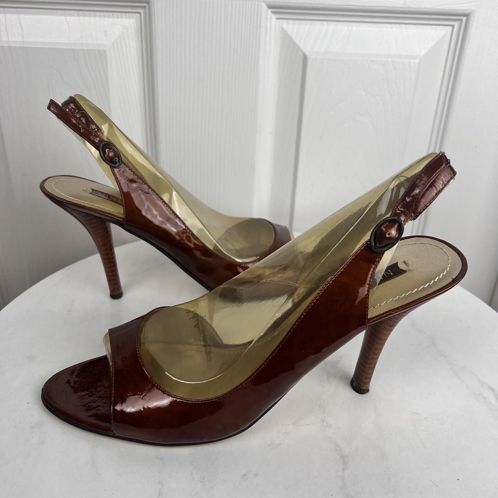 NINE WEST Brown Patent Leather open Toe  Anke Strap Heel Shoes Size 9.5M