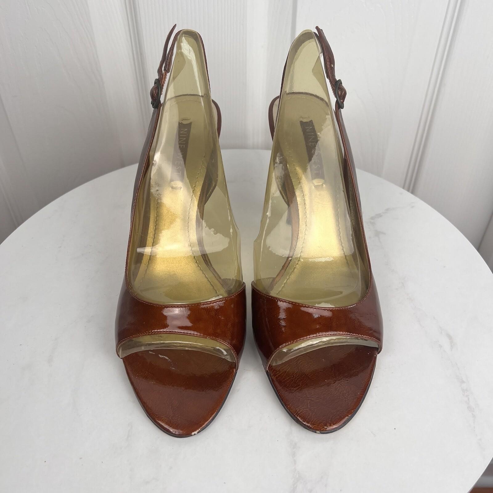 NINE WEST Brown Patent Leather open Toe  Anke Strap Heel Shoes Size 9.5M