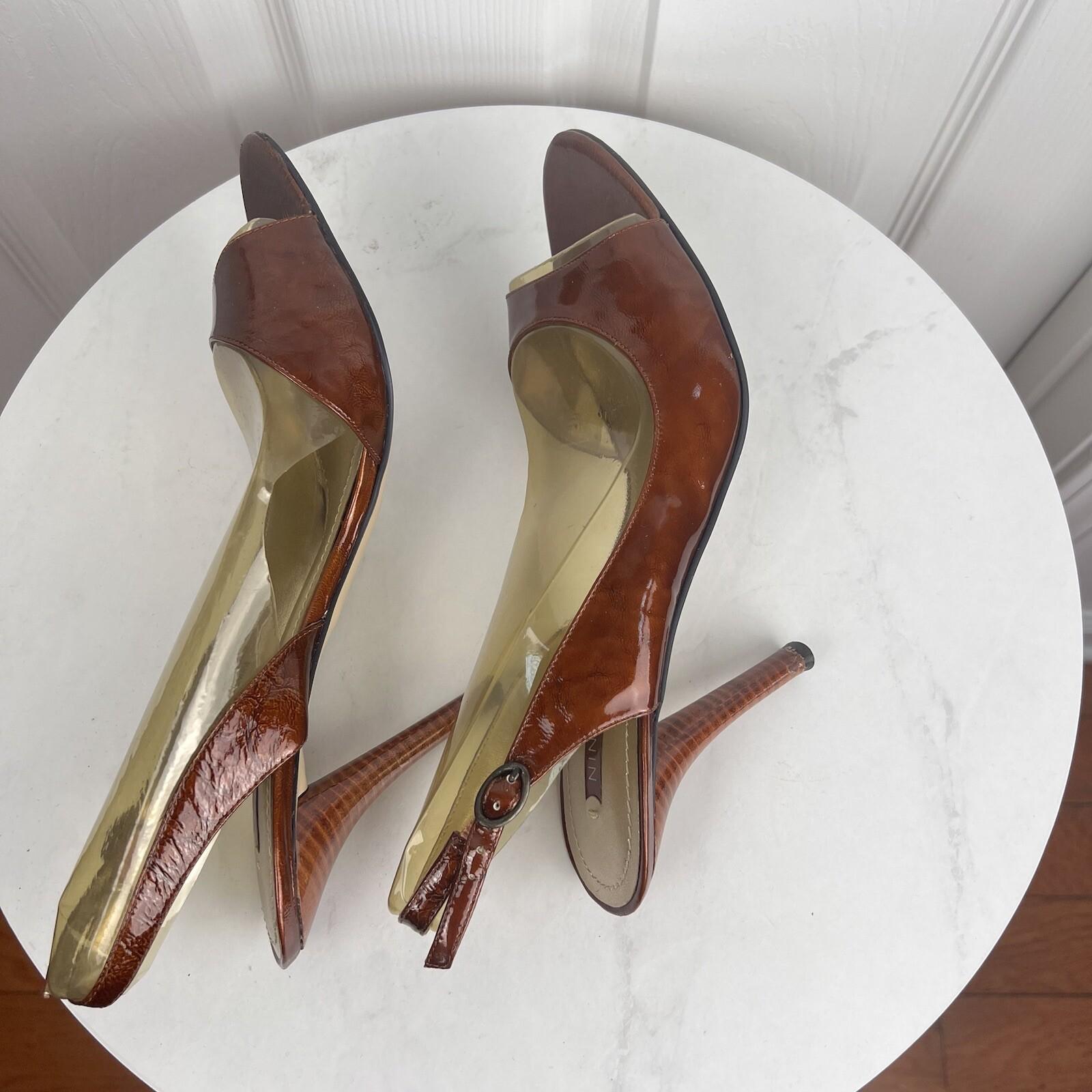 NINE WEST Brown Patent Leather open Toe  Anke Strap Heel Shoes Size 9.5M
