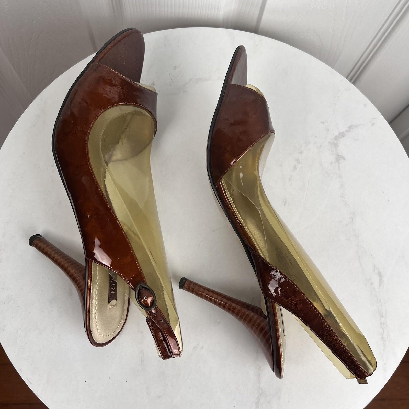 NINE WEST Brown Patent Leather open Toe  Anke Strap Heel Shoes Size 9.5M