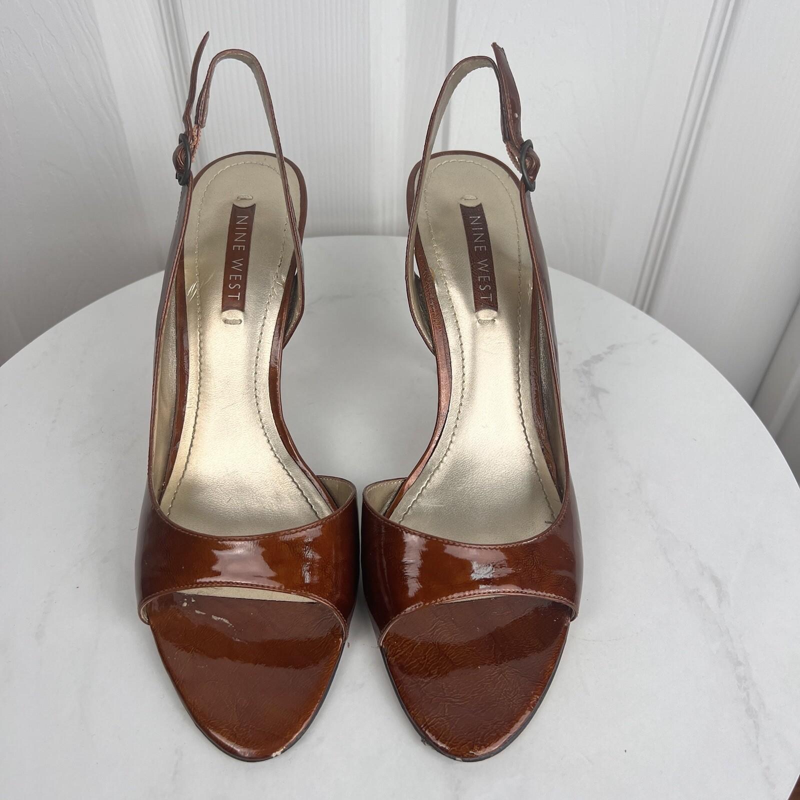 NINE WEST Brown Patent Leather open Toe  Anke Strap Heel Shoes Size 9.5M