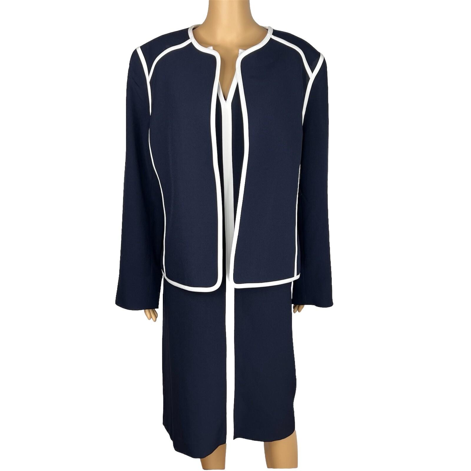 Evan Picone Polyester Stretch Dress 18 Suit 16 Navy Blue White Open Front 2PC