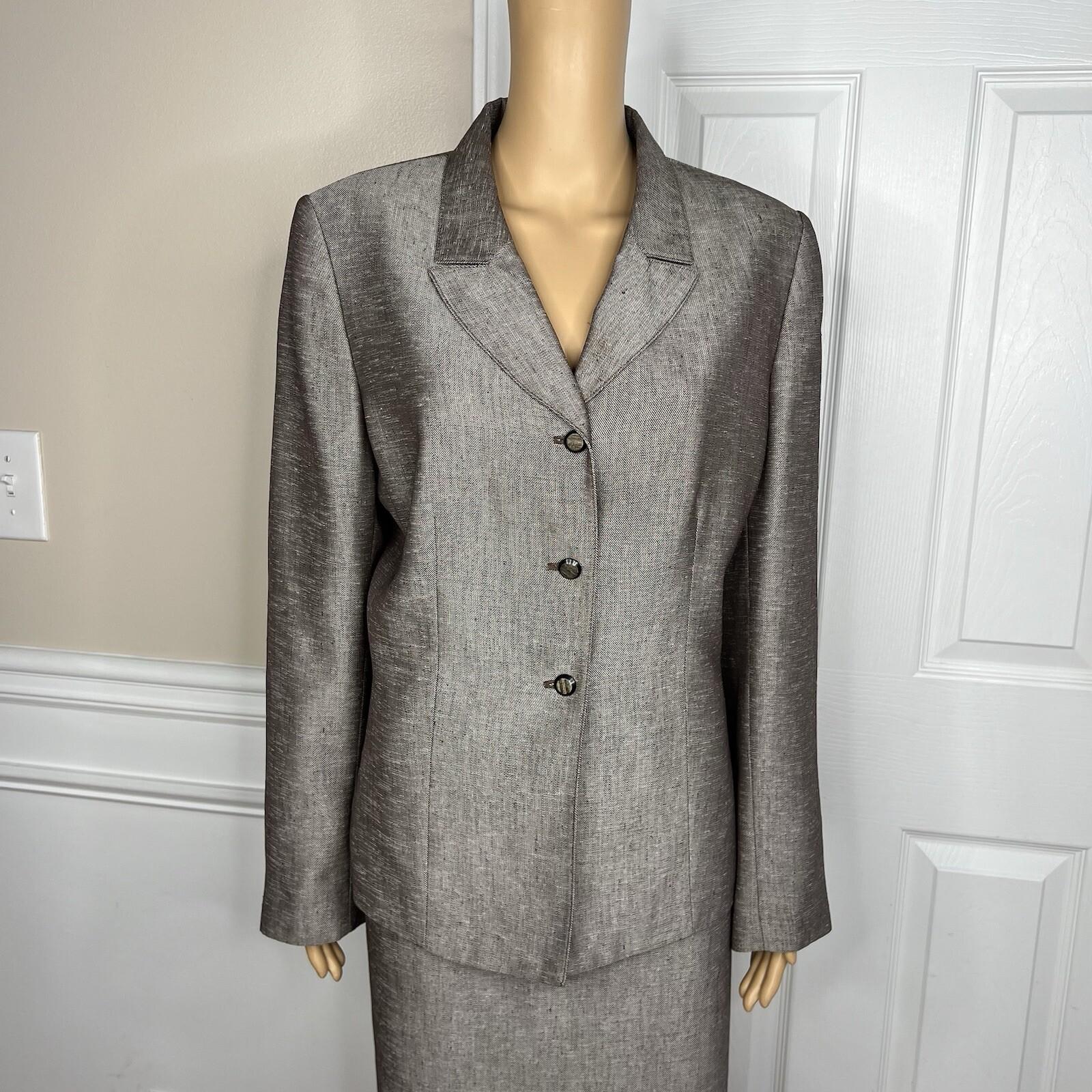 Le Suit Women Polyester Skirt Suit Size 14 Light Brown Notch Collar Pleated 2PC