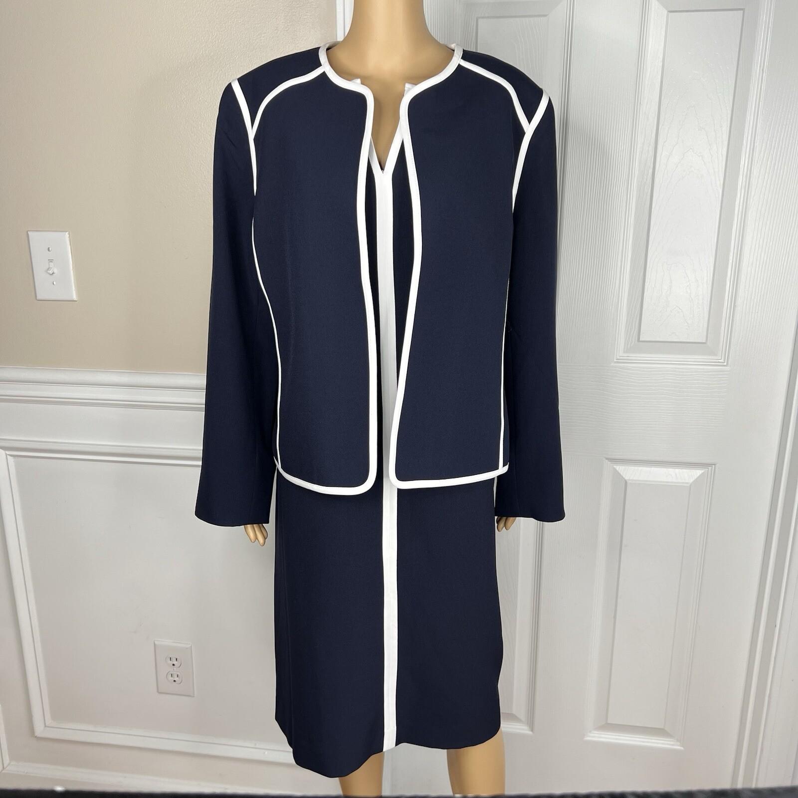 Evan Picone Polyester Stretch Dress 18 Suit 16 Navy Blue White Open Front 2PC