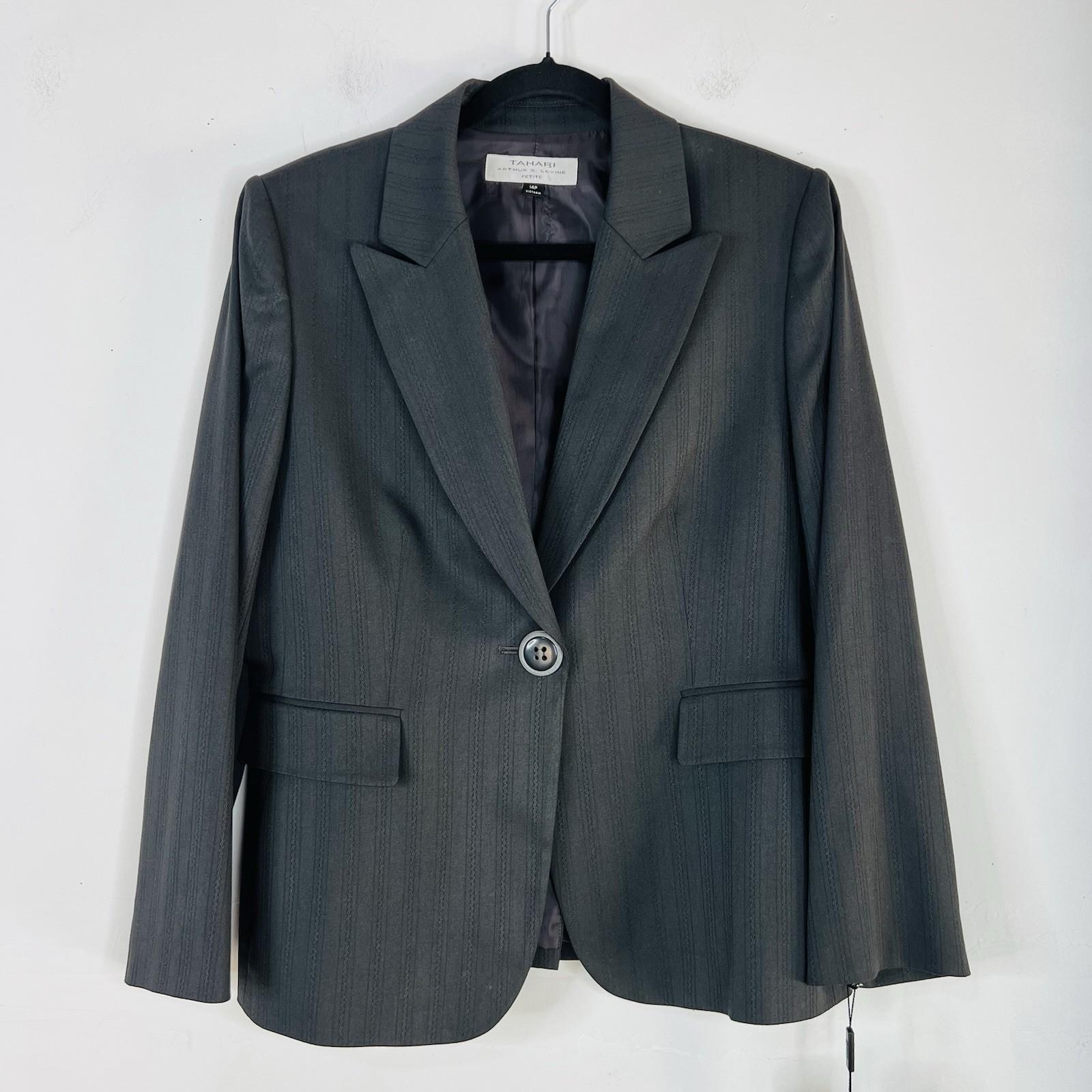 10-4391.jpg Tahari ASL Polyester Viscose Pant Suit 14P Dark Gray Peak Striped Collar 2PC New