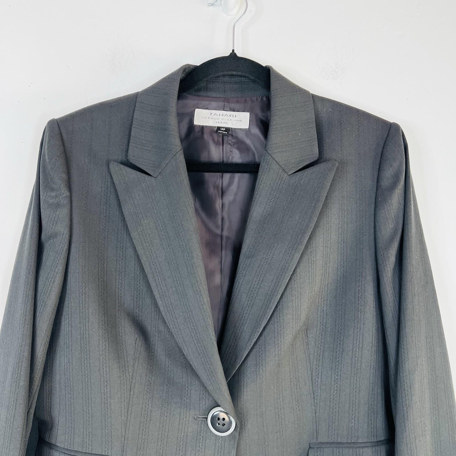 10-4392.jpg Tahari ASL Polyester Viscose Pant Suit 14P Dark Gray Peak Striped Collar 2PC New