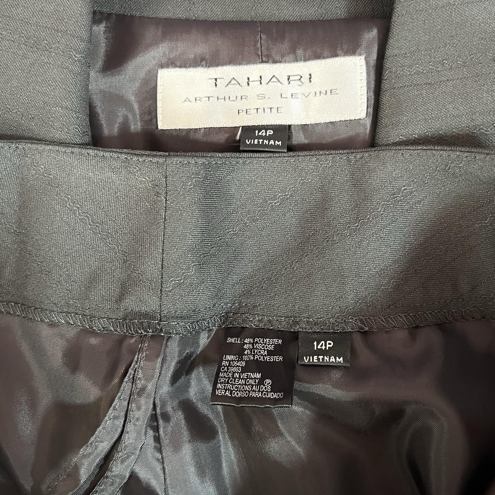 10-4398.jpg Tahari ASL Polyester Viscose Pant Suit 14P Dark Gray Peak Striped Collar 2PC New