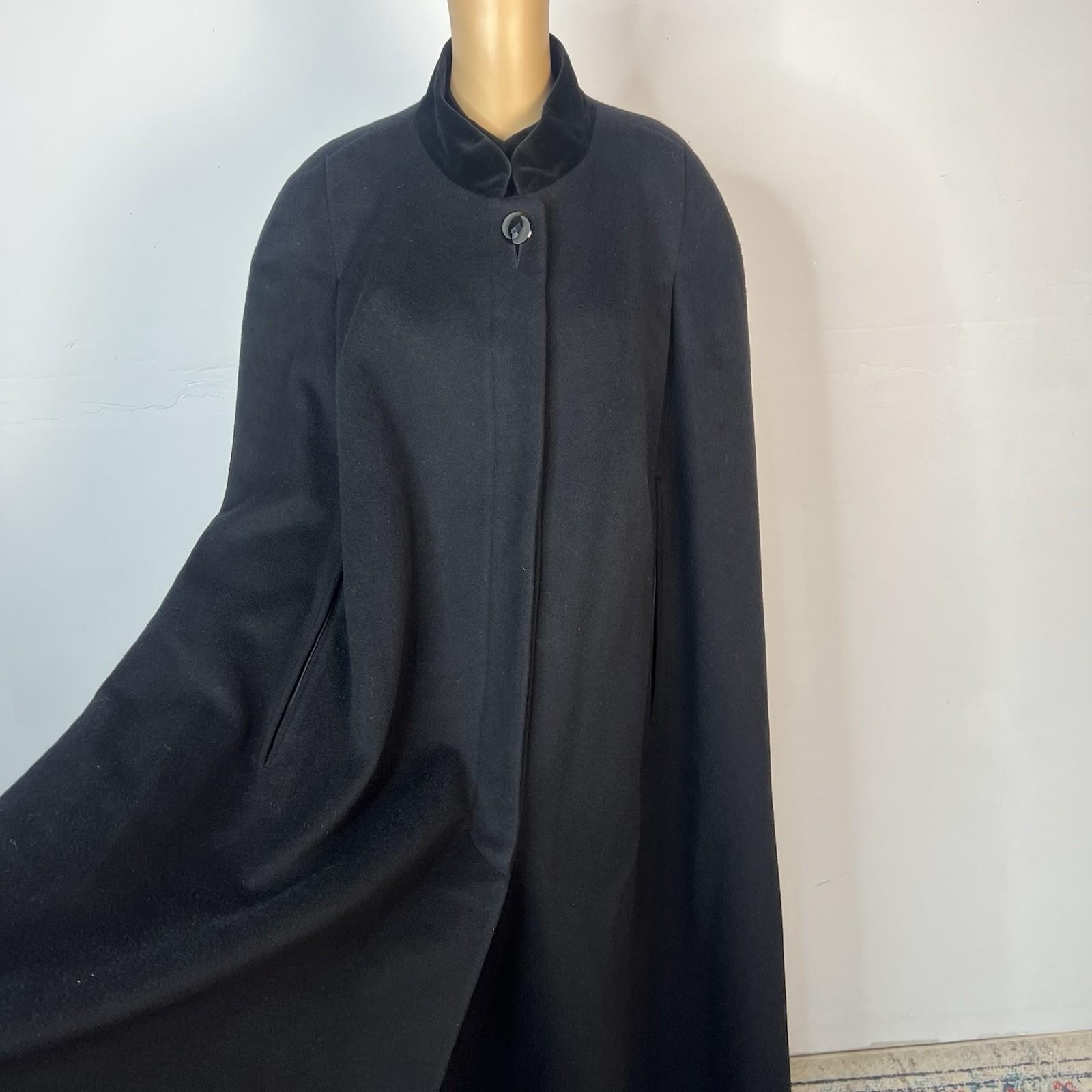 Vintage 1980s Alorna Black  Wool Cape Maxi Length Cloak One Size Mob Wife